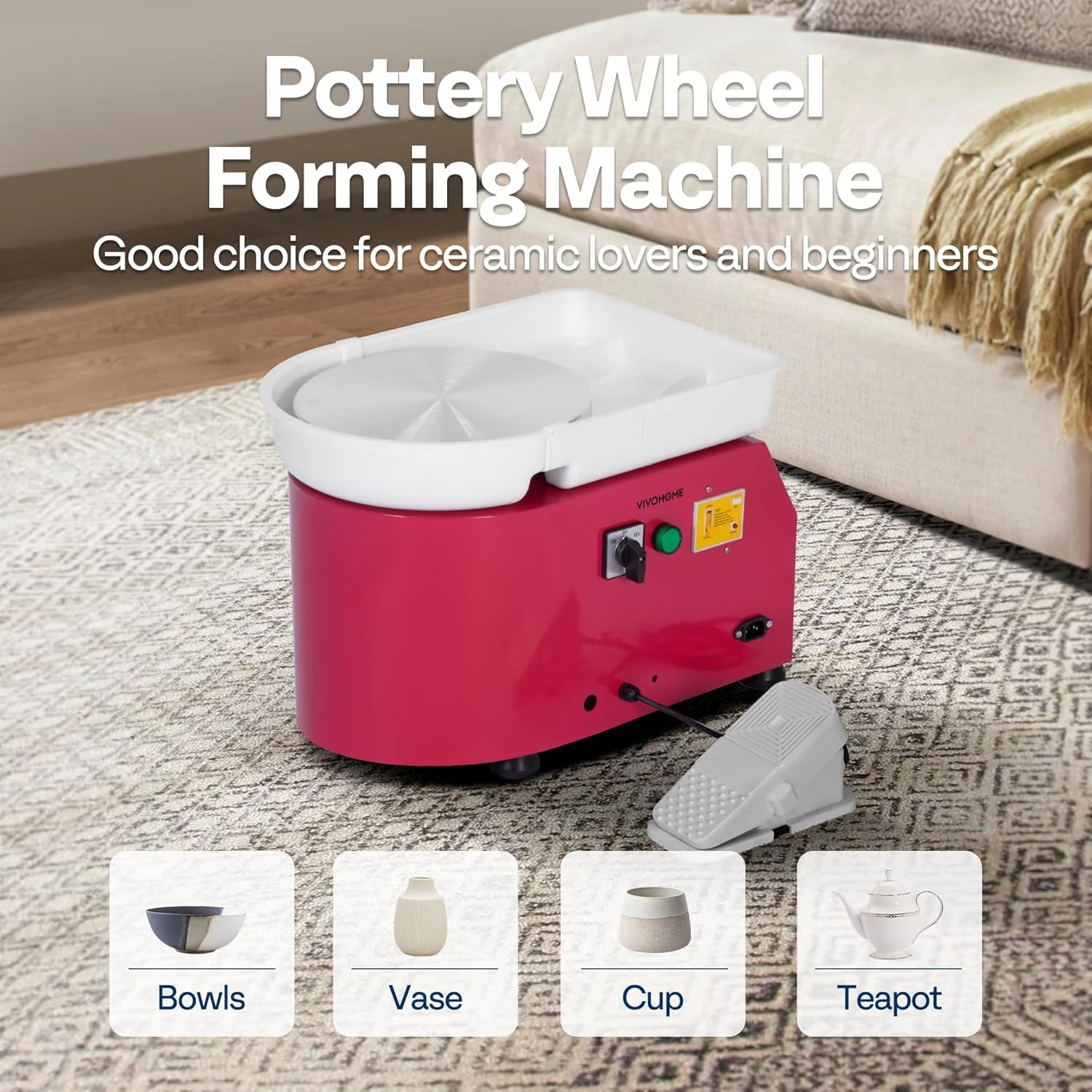 چرخ سفالگری برقی بزرگ VIVOHOME، 28 سانتی‌متری، 11 اینچی، ماشین شکل‌دهی سفال با پدال پایی و حوضچه جداشدنی، ابزار DIY برای بزرگسالان و مبتدیان، صورتی