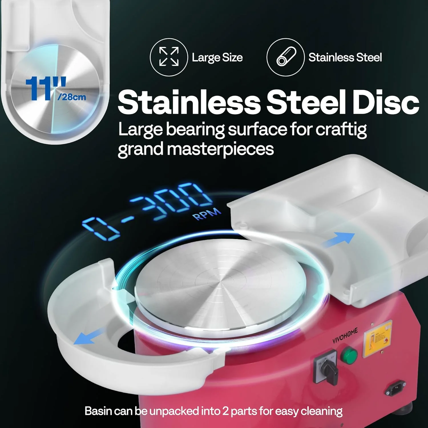 چرخ سفالگری برقی بزرگ VIVOHOME، 28 سانتی‌متری، 11 اینچی، ماشین شکل‌دهی سفال با پدال پایی و حوضچه جداشدنی، ابزار DIY برای بزرگسالان و مبتدیان، صورتی