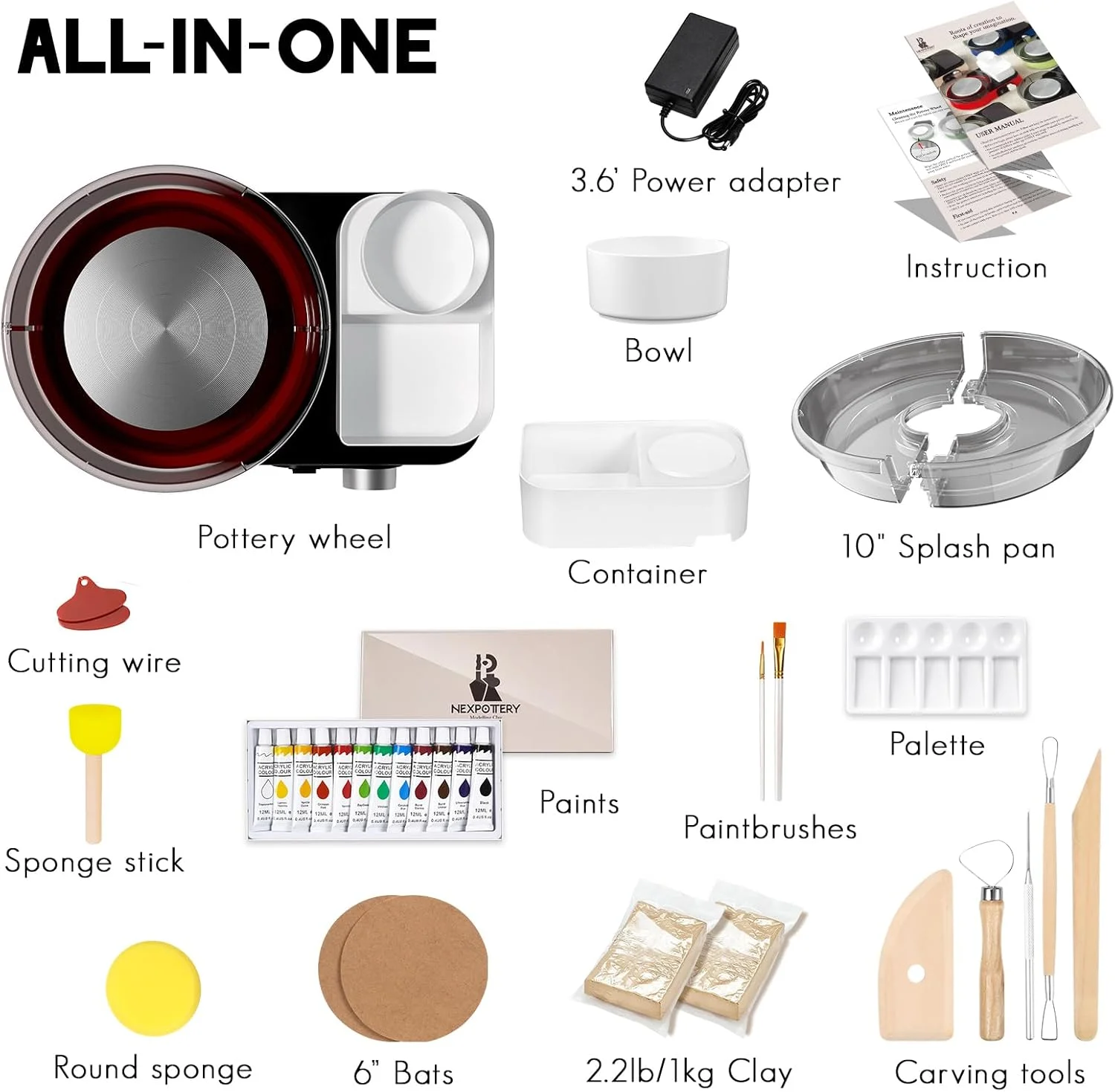 چرخ سفالگری Insnug برای بزرگسالان - کیت کامل ابزار سفالگری برای مبتدیان، صفحه گردان 6 اینچی با چرخش دو طرفه و سرعت قابل تنظیم، 1 کیلوگرم خاک رس خشک شونده در هوا، چرخ سفالگری کوچک با طراحی ذخیره سازی