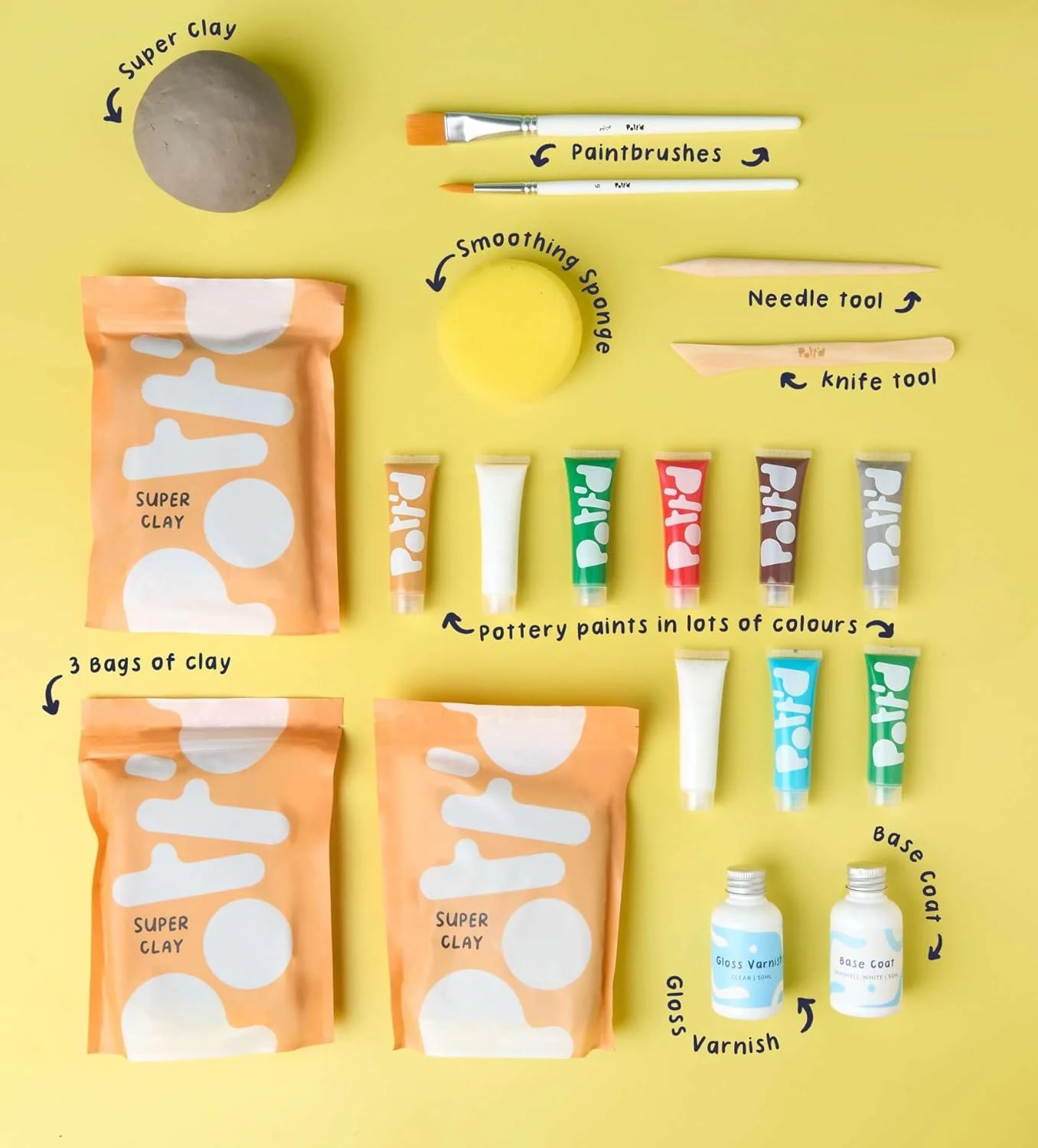 ست های سفالگری مینیاتوری Pott'd | ست سفالگری خشک شونده در هوا برای بزرگسالان | همراه با رنگ، ابزار سفالگری و خاک رس خشک شونده در هوا بدون نیاز به پخت | دستورالعمل های آنلاین رایگان | ایده آل برای مبتدیان