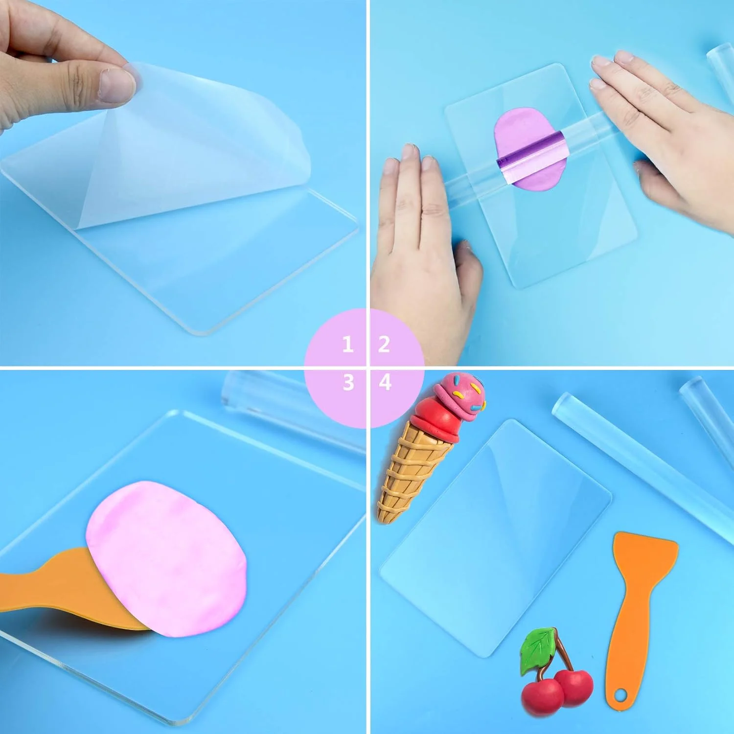 مری‌ویندیکس 5 تکه ابزار سفال پلیمری DIY، غلتک سفالی اکریلیک با تخته پشتی اکریلیک، بیلچه پلاستیکی و قالب ابزار سفال لاستیکی برای شکل‌دهی و مجسمه‌سازی مدل‌سازی