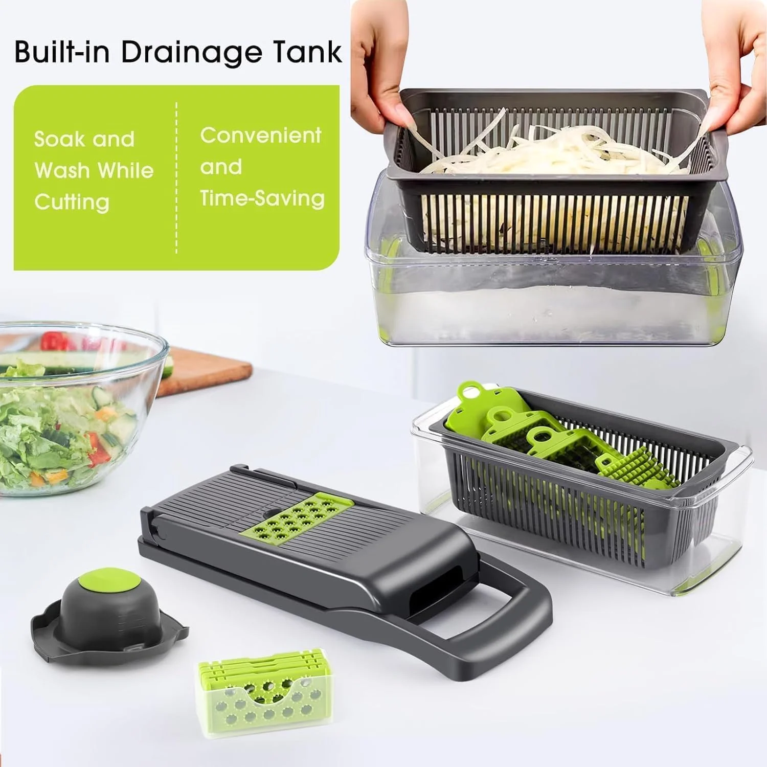 خردکن و اسلایسر سبزیجات 16 در 1 هومیوا، خردکن چند منظوره مواد غذایی با ظرف و سبد آبکش برای آشپزخانه، ست ابزار خردکن پیاز و سالاد (سبز) خردکن و اسلایسر سبزیجات 16 در 1 هومیوا، خردکن چند منظوره مواد غذایی با ظرف و سبد آبکش برای آشپزخانه، ست ابزار خردکن پیاز و سالاد (سبز)