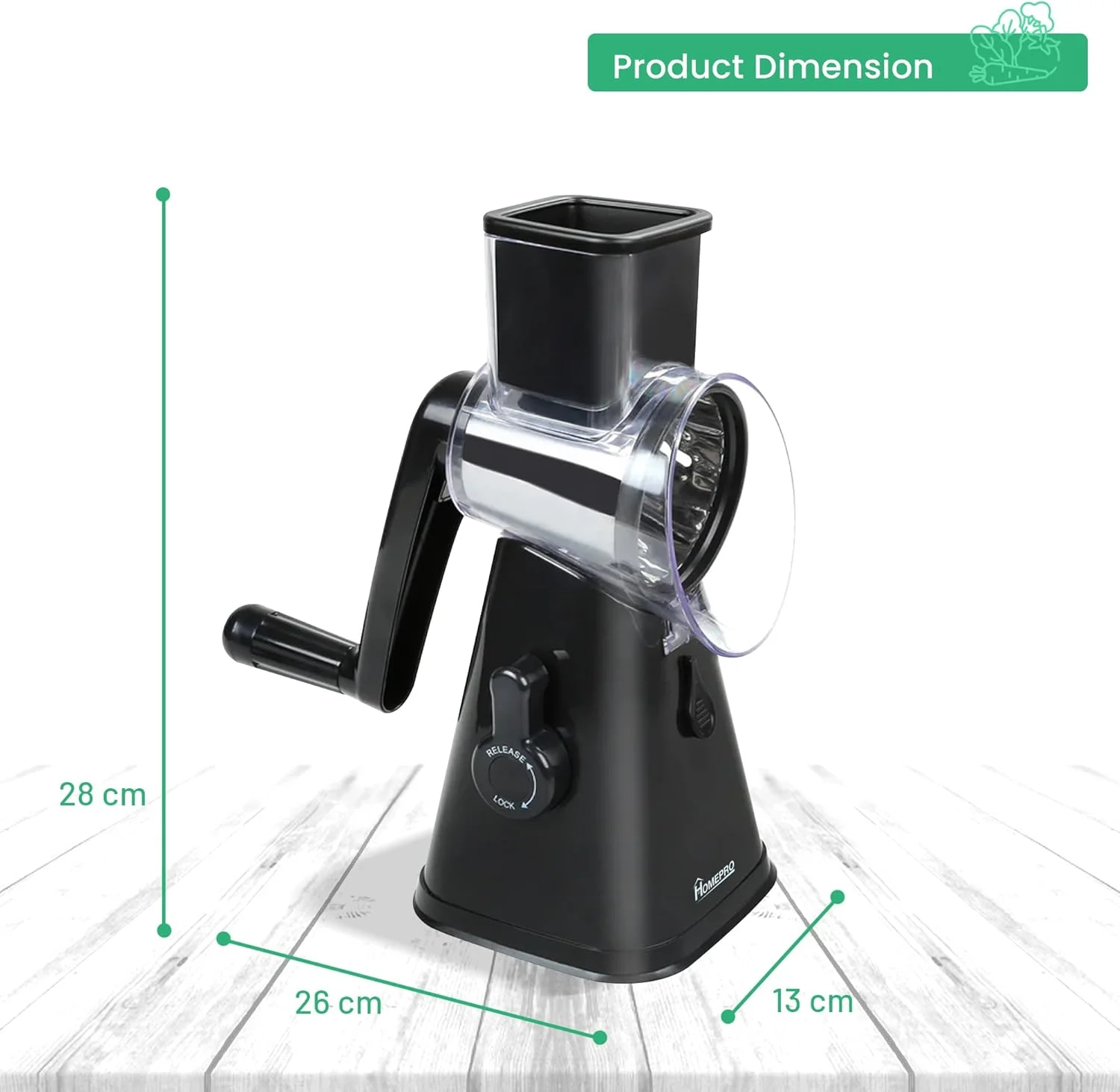 اسلایسر میوه و سبزیجات HOMEPRO، ارزش بهتر برای زندگی بهتر، دارای 3 تیغه چرخشی استیل ضد زنگ، چند منظوره، اسلایسر گرد پنیر و سبزیجات، دستی و آسیاب ایمن (مشکی) اسلایسر میوه و سبزیجات HOMEPRO، ارزش بهتر برای زندگی بهتر، دارای 3 تیغه چرخشی استیل ضد زنگ، چند منظوره، اسلایسر گرد پنیر و سبزیجات، دستی و آسیاب ایمن (مشکی)