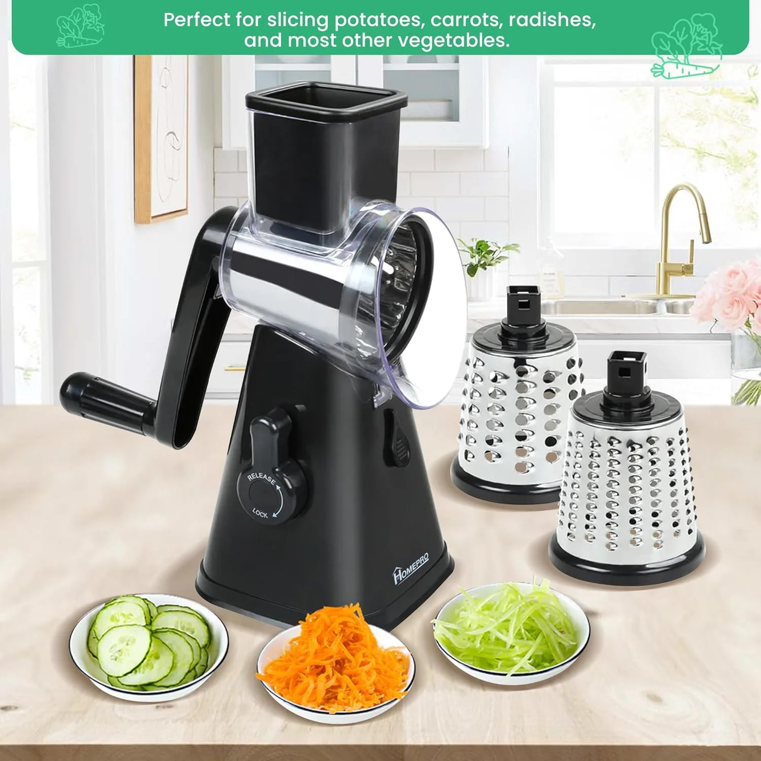 اسلایسر میوه و سبزیجات HOMEPRO با ارزش بهتر برای زندگی بهتر، دارای 3 تیغه چرخشی استیل ضد زنگ، چند منظوره، اسلایسر گرد پنیر و سبزیجات، آسیاب دستی و ایمن (مشکی) اسلایسر میوه و سبزیجات HOMEPRO با ارزش بهتر برای زندگی بهتر، دارای 3 تیغه چرخشی استیل ضد زنگ، چند منظوره، اسلایسر گرد پنیر و سبزیجات، آسیاب دستی و ایمن (مشکی)