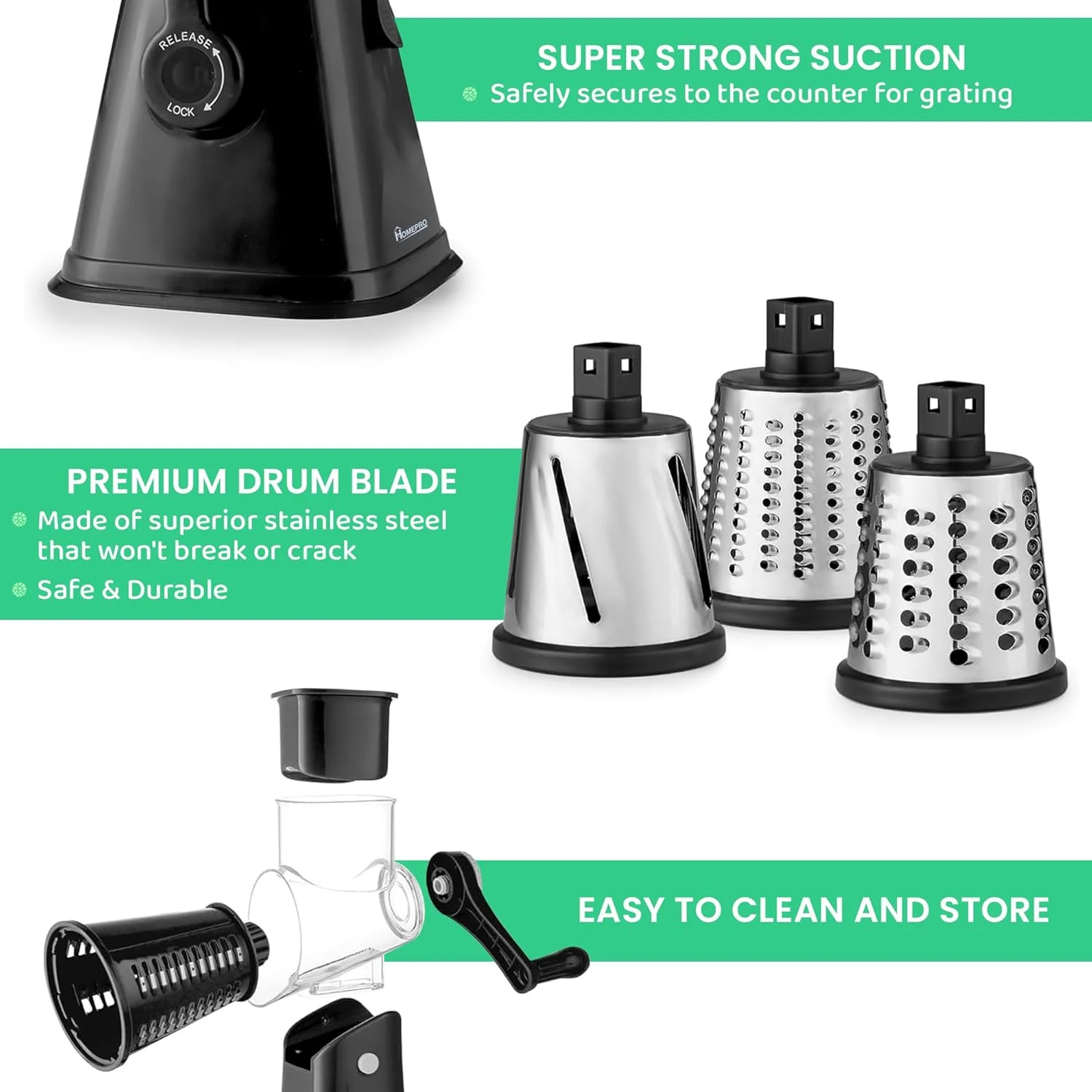 اسلایسر میوه و سبزیجات HOMEPRO، ارزش بهتر برای زندگی بهتر، دارای 3 تیغه چرخشی استیل ضد زنگ، چند منظوره، اسلایسر گرد پنیر و سبزیجات، دستی و آسیاب ایمن (مشکی) اسلایسر میوه و سبزیجات HOMEPRO، ارزش بهتر برای زندگی بهتر، دارای 3 تیغه چرخشی استیل ضد زنگ، چند منظوره، اسلایسر گرد پنیر و سبزیجات، دستی و آسیاب ایمن (مشکی)