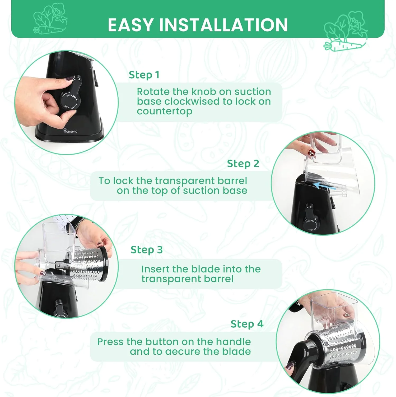 اسلایسر میوه و سبزیجات HOMEPRO، ارزش بهتر برای زندگی بهتر، دارای 3 تیغه چرخشی استیل ضد زنگ، چند منظوره، اسلایسر گرد پنیر و سبزیجات، دستی و آسیاب ایمن (مشکی) اسلایسر میوه و سبزیجات HOMEPRO، ارزش بهتر برای زندگی بهتر، دارای 3 تیغه چرخشی استیل ضد زنگ، چند منظوره، اسلایسر گرد پنیر و سبزیجات، دستی و آسیاب ایمن (مشکی)