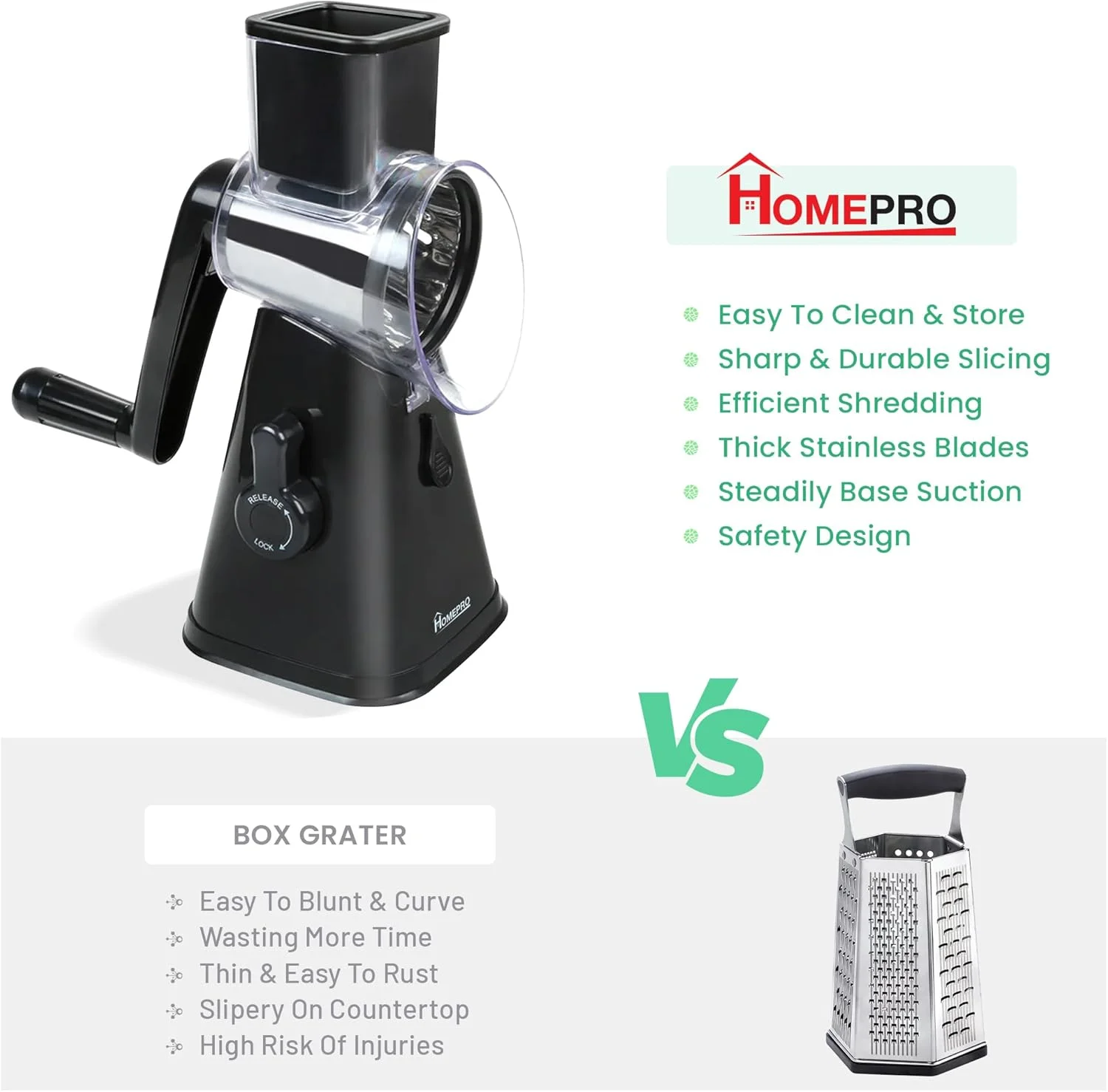 اسلایسر میوه و سبزیجات HOMEPRO با ارزش بهتر برای زندگی بهتر، دارای 3 تیغه چرخشی استیل ضد زنگ، چند منظوره، اسلایسر گرد پنیر و سبزیجات، آسیاب دستی و ایمن (مشکی) اسلایسر میوه و سبزیجات HOMEPRO با ارزش بهتر برای زندگی بهتر، دارای 3 تیغه چرخشی استیل ضد زنگ، چند منظوره، اسلایسر گرد پنیر و سبزیجات، آسیاب دستی و ایمن (مشکی)