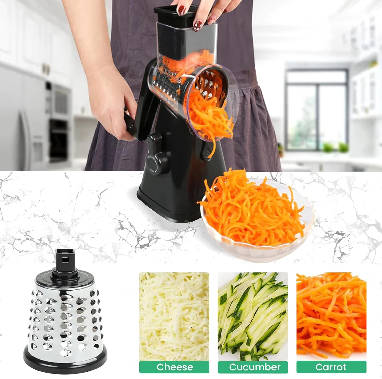 اسلایسر میوه و سبزیجات HOMEPRO با ارزش بهتر برای زندگی بهتر، دارای 3 تیغه چرخشی استیل ضد زنگ، چند منظوره، اسلایسر گرد پنیر و سبزیجات، آسیاب دستی و ایمن (مشکی) اسلایسر میوه و سبزیجات HOMEPRO با ارزش بهتر برای زندگی بهتر، دارای 3 تیغه چرخشی استیل ضد زنگ، چند منظوره، اسلایسر گرد پنیر و سبزیجات، آسیاب دستی و ایمن (مشکی)