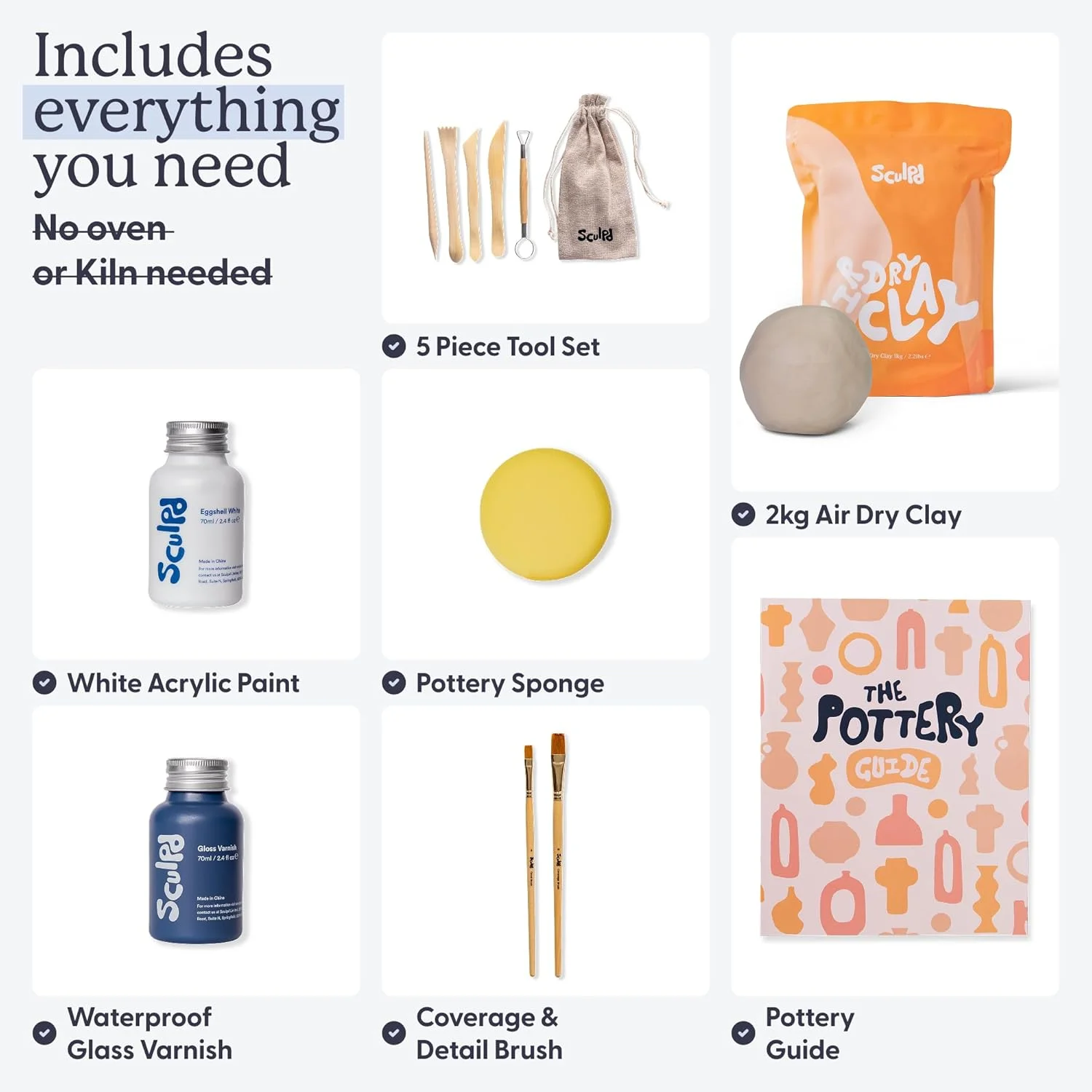 کیت سفالگری Sculpd - کیت شروع سفالگری با خاک رس خشک شونده در هوا برای مبتدیان به همراه وارنیش براق، رنگ، ست ابزار، قلم مو، اسفنج و راهنمای گام به گام - کیت سفالگری برای بزرگسالان