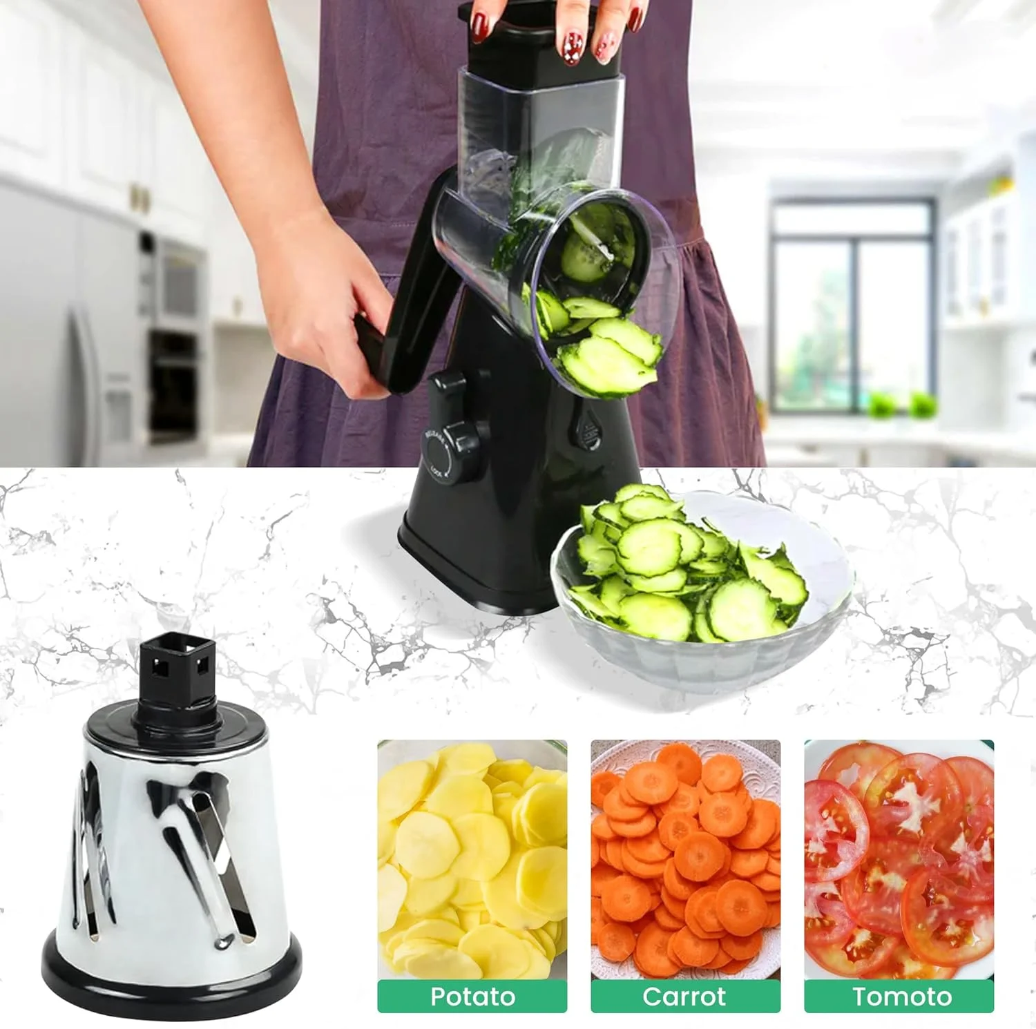 اسلایسر میوه و سبزیجات HOMEPRO، ارزش بهتر برای زندگی بهتر، دارای 3 تیغه چرخشی استیل ضد زنگ، چند منظوره، اسلایسر گرد پنیر و سبزیجات، دستی و آسیاب ایمن (مشکی) اسلایسر میوه و سبزیجات HOMEPRO، ارزش بهتر برای زندگی بهتر، دارای 3 تیغه چرخشی استیل ضد زنگ، چند منظوره، اسلایسر گرد پنیر و سبزیجات، دستی و آسیاب ایمن (مشکی)