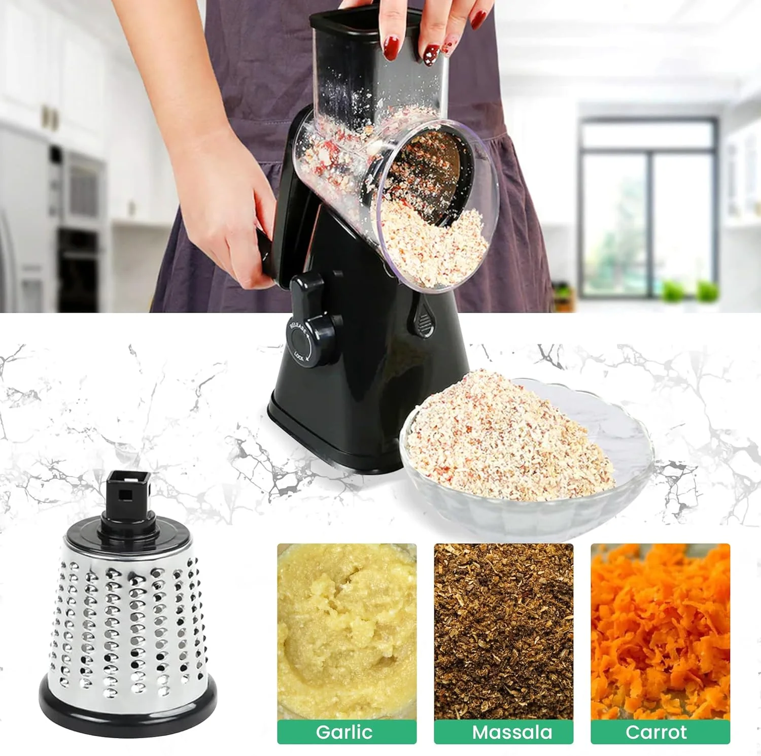 اسلایسر میوه و سبزیجات HOMEPRO با ارزش بهتر برای زندگی بهتر، دارای 3 تیغه چرخشی استیل ضد زنگ، چند منظوره، اسلایسر گرد پنیر و سبزیجات، آسیاب دستی و ایمن (مشکی) اسلایسر میوه و سبزیجات HOMEPRO با ارزش بهتر برای زندگی بهتر، دارای 3 تیغه چرخشی استیل ضد زنگ، چند منظوره، اسلایسر گرد پنیر و سبزیجات، آسیاب دستی و ایمن (مشکی)