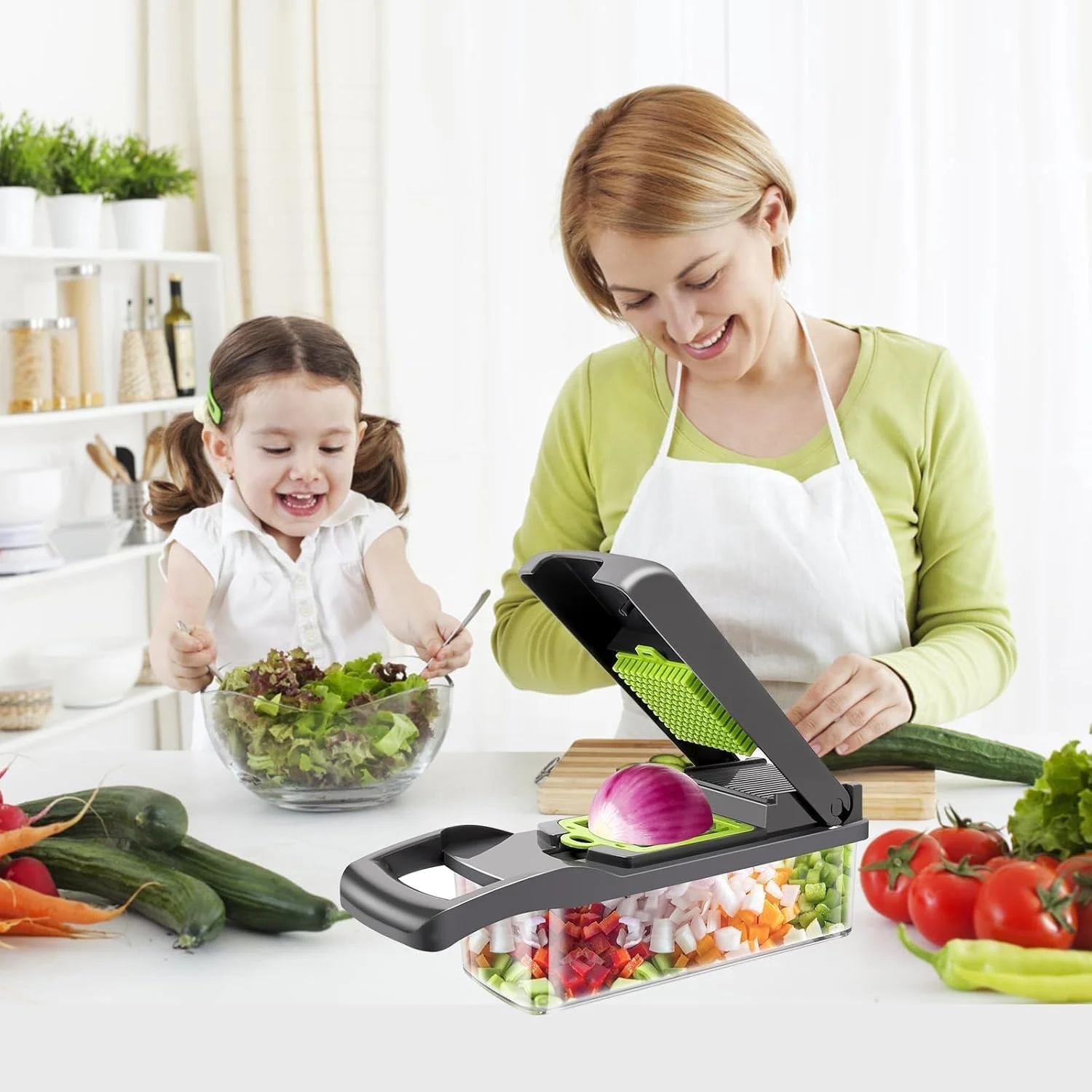 خردکن و اسلایسر سبزیجات 16 در 1 هومیوا، خردکن چند منظوره مواد غذایی با ظرف و سبد آبکش برای آشپزخانه، ست ابزار خردکن پیاز و سالاد (سبز) خردکن و اسلایسر سبزیجات 16 در 1 هومیوا، خردکن چند منظوره مواد غذایی با ظرف و سبد آبکش برای آشپزخانه، ست ابزار خردکن پیاز و سالاد (سبز)