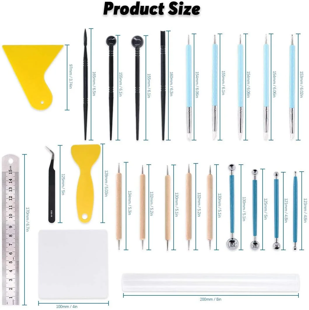 مجموعه 24 عددی ابزار مجسمه سازی خمیر پلیمری Keadic، ابزار نقطه گذاری استایلوس توپی دو طرفه، ابزار مجسمه سازی خمیر سیلیکونی برای تزئین فوندانت کیک و طراحی ناخن، صنایع دستی سفالی