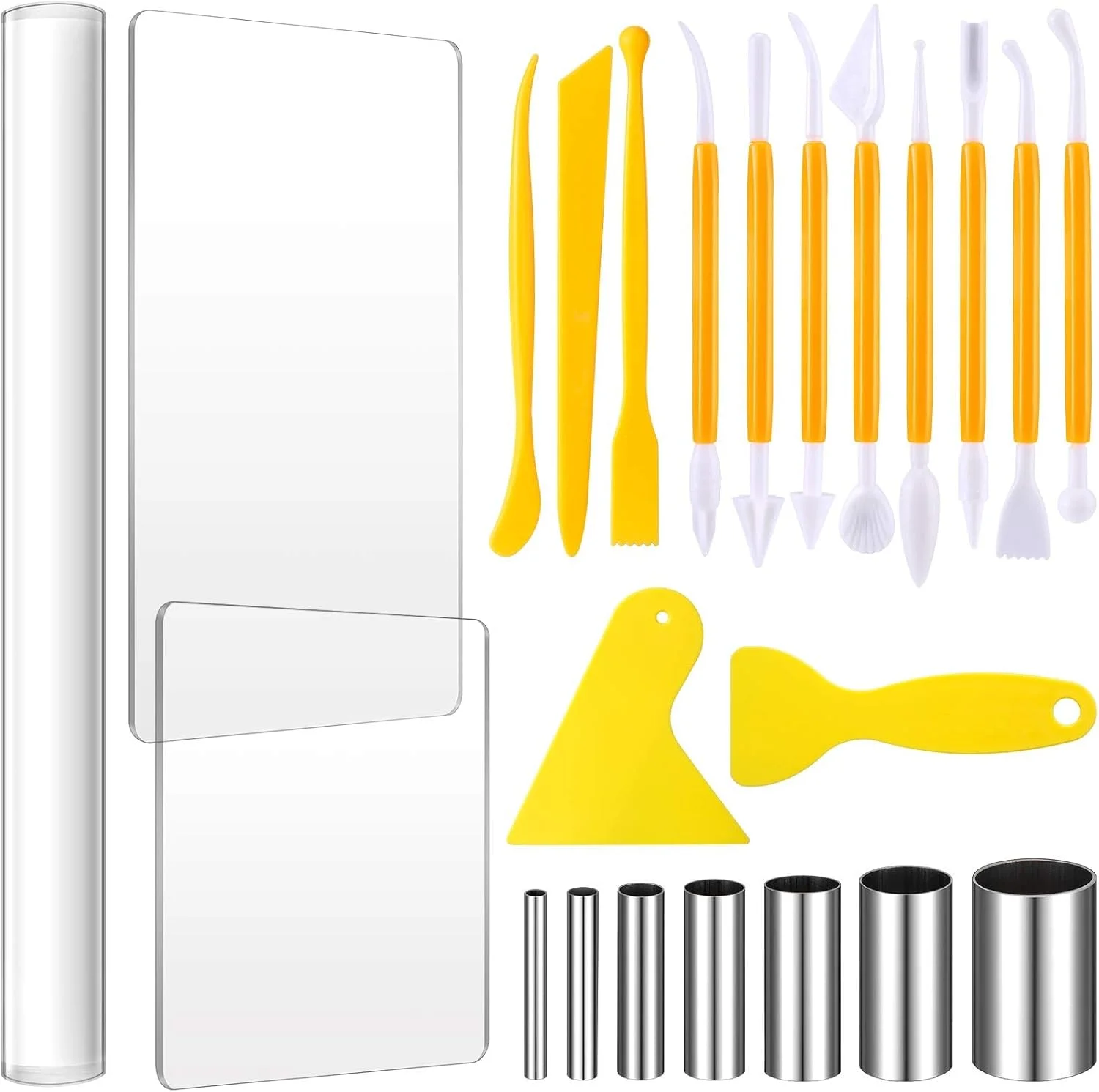 ست 24 عددی ابزار سفالگری DIY، شامل وردنه اکریلیک، کاردک پلاستیکی، برش دایره ای استیل ضد زنگ، ابزار شکل دهی خمیر پلیمری برای پروژه های صنایع دستی