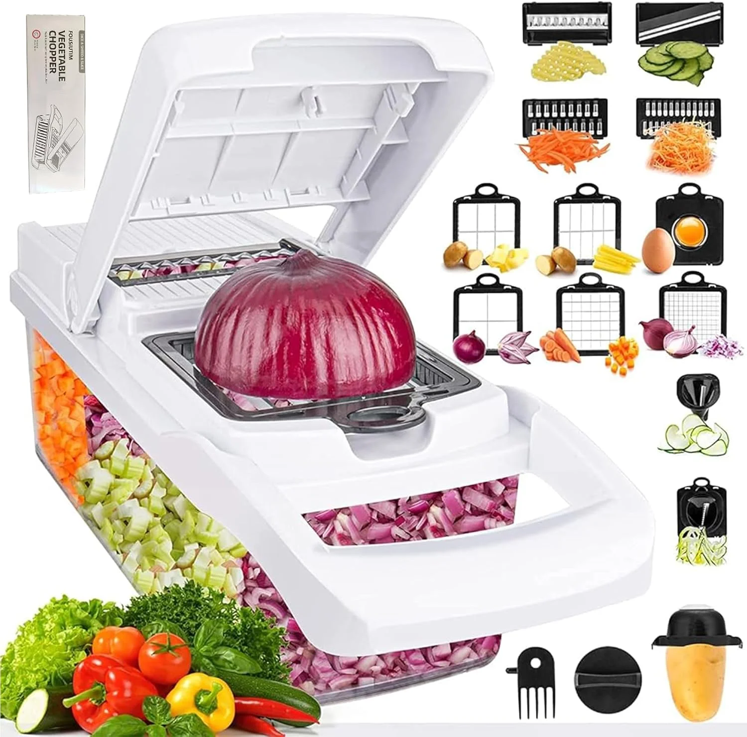 خردکن سبزیجات 22 در 1 FOUSIUTIM با ظرف – اسلایسر و خردکن چند منظوره با 11 تیغه، خردکن پیاز، اسلایسر سبزیجات برای سیب زمینی، گوجه فرنگی، خیار و هویج خردکن سبزیجات 22 در 1 FOUSIUTIM با ظرف – اسلایسر و خردکن چند منظوره با 11 تیغه، خردکن پیاز، اسلایسر سبزیجات برای سیب زمینی، گوجه فرنگی، خیار و هویج