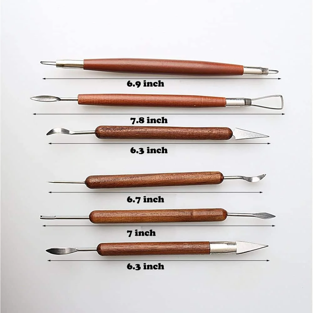 S & E TEACHER'S EDITION 6 Pcs Pottery & Clay Sculpting Tools, Double-Sided, Smooth Wooden Handles.