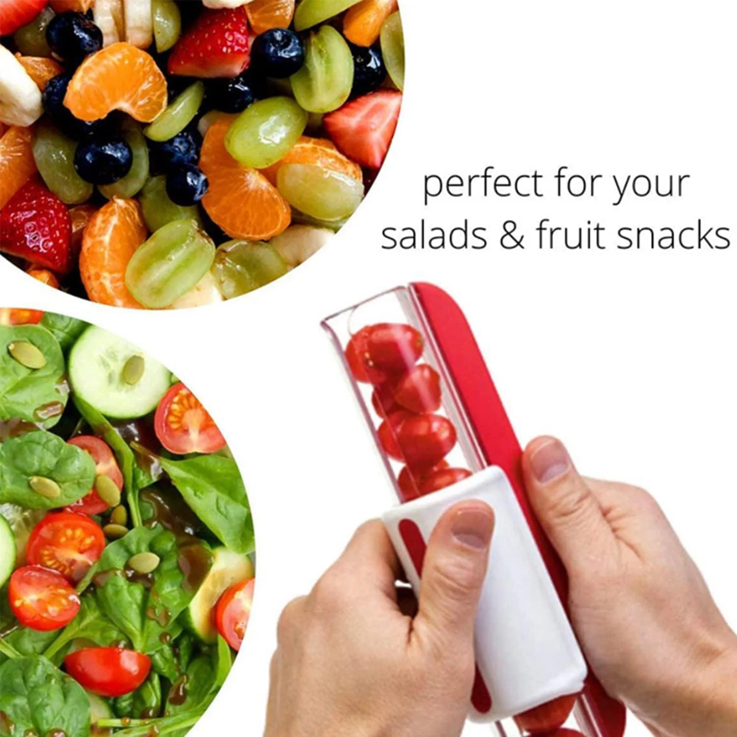 برش دهنده میوه - برش دهنده گوجه فرنگی/انگور/گیلاس، تزئین آشپزخانه میوه، کمک آشپزخانه، برش دهنده سبزیجات، ابزار آشپزخانه (قرمز، تک سایز)