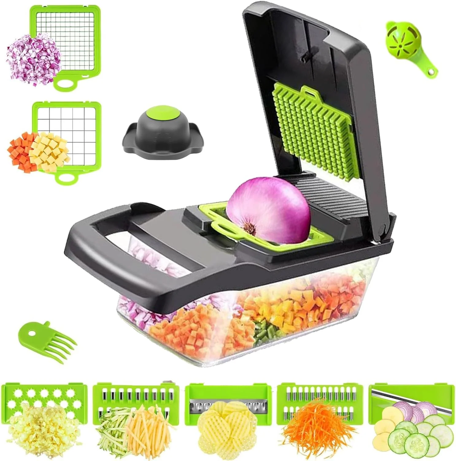 خردکن و اسلایسر سبزیجات 13 در 1 Duomama - خردکن پیاز حرفه ای با 8 تیغه - برشگر چند منظوره آشپزخانه برای سیر، هویج - دارای ظرف کاربردی خردکن و اسلایسر سبزیجات 13 در 1 Duomama - خردکن پیاز حرفه ای با 8 تیغه - برشگر چند منظوره آشپزخانه برای سیر، هویج - دارای ظرف کاربردی