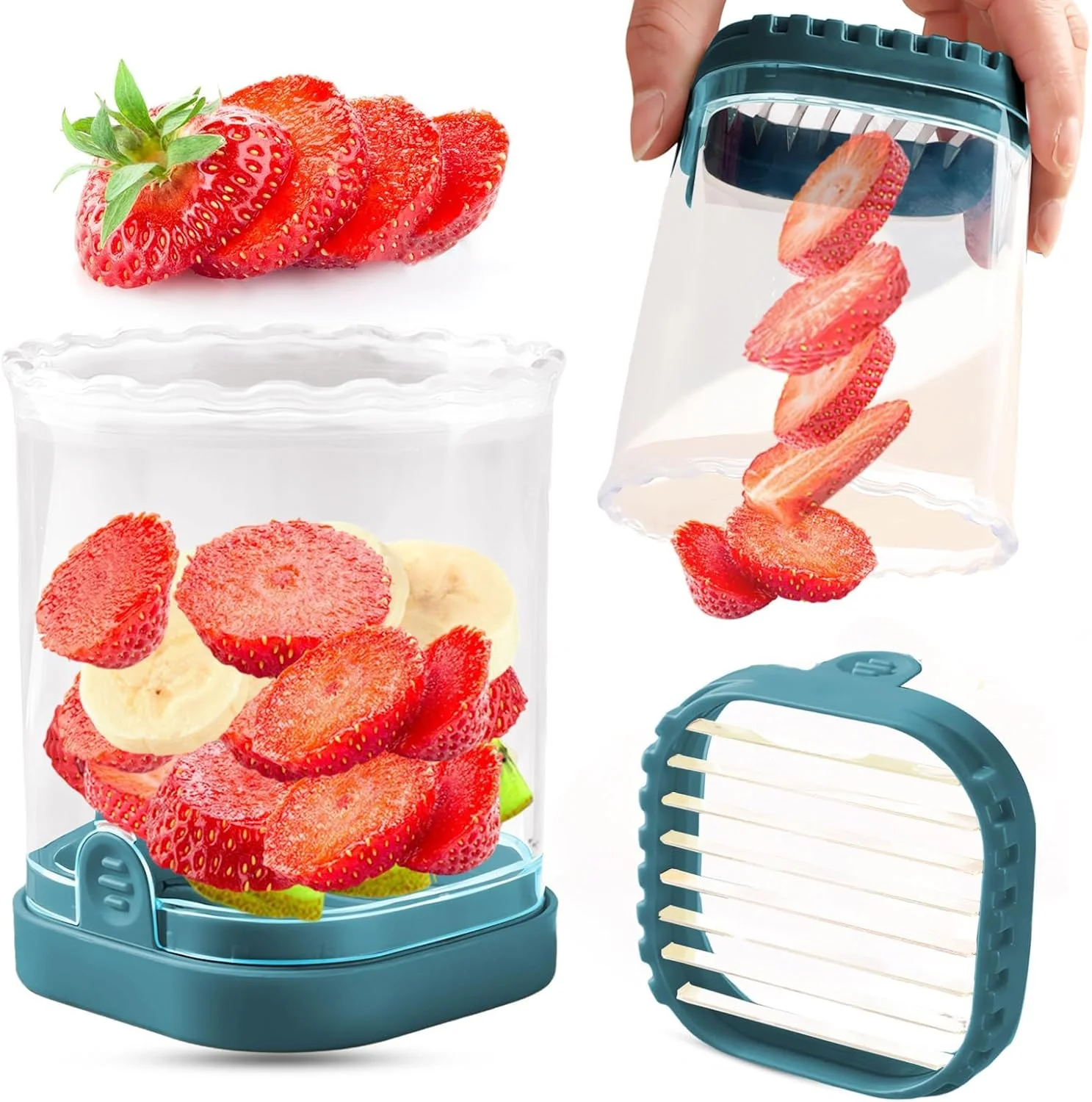 لیوان برش میوه CENXI، برش دهنده توت فرنگی، برش دهنده موز، برش دهنده انگور، برش دهنده تخم مرغ، برش دهنده میوه جداشدنی با صفحه فشاری، برش دهنده خلاقانه توت فرنگی، ابزار آشپزخانه (سبزآبی تیره)