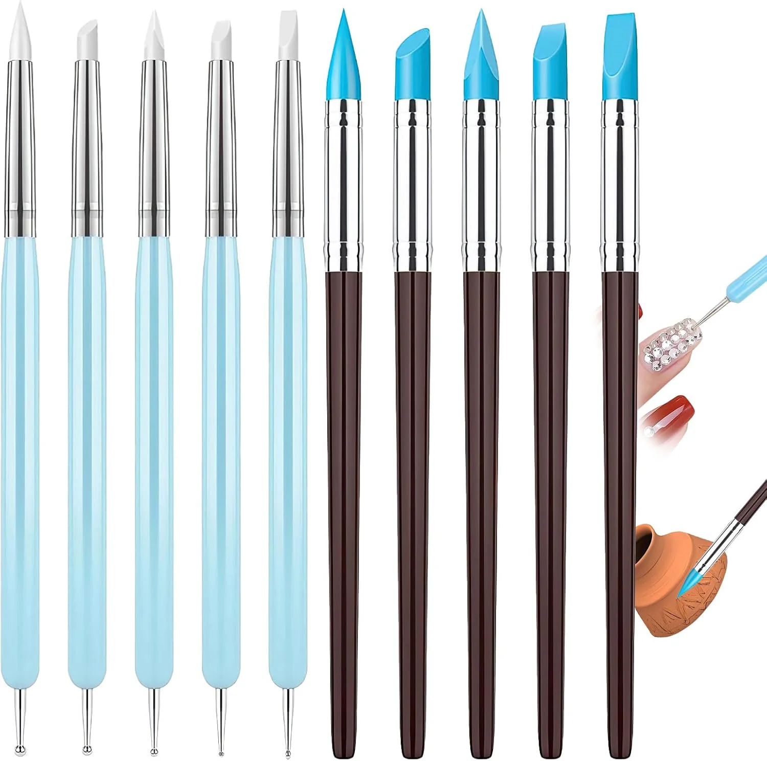 ست 10 عددی ابزار مجسمه سازی سیلیکونی، ابزار مجسمه سازی دو طرفه خاک رس، مجموعه ابزار حکاکی خاک رس مدل سازی، قلم موی رنگ سیلیکونی برای سفالگری، صنایع دستی سفالی، سنگ، ناخن، ترکیب، طراحی پروژه های هنری