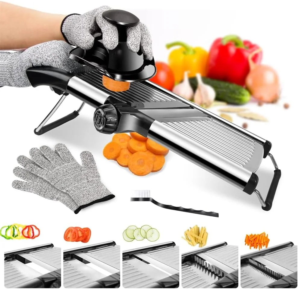 اسلایسر غذای ماندولین آزون، اسلایسر سبزیجات استیل ضد زنگ قابل تنظیم با بدنه ABS، تیغه استیل ضد زنگ، رنگ استیل ضد زنگ، ابزار آشپزخانه برای برش میوه ها، سبزیجات، پنیر و موارد دیگر