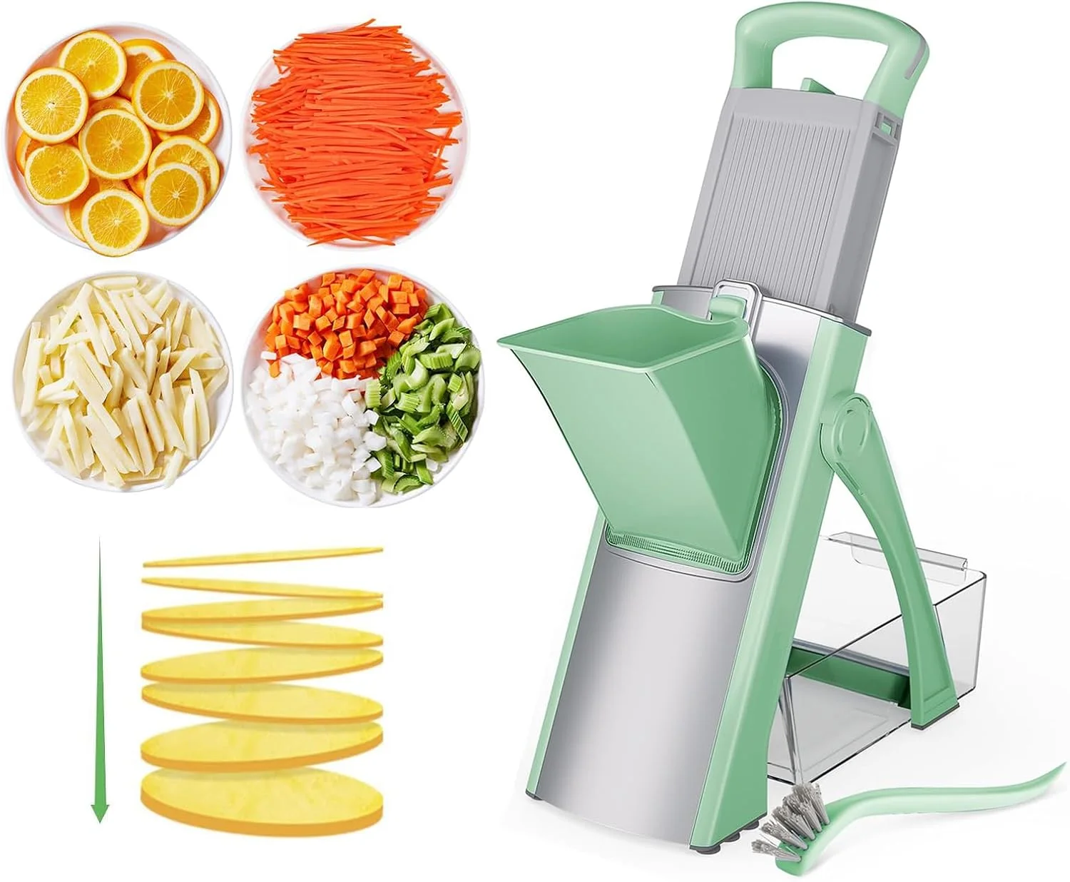 خردکن سبزیجات Aohellfe، اسلایسر ماندولین برای آشپزخانه، ضخامت قابل تنظیم، خردکن سریع سالاد آشپزخانه با ظرف برای سیب زمینی، خیار، گوجه فرنگی، هویج و بسیاری از سبزیجات دیگر (سبز)