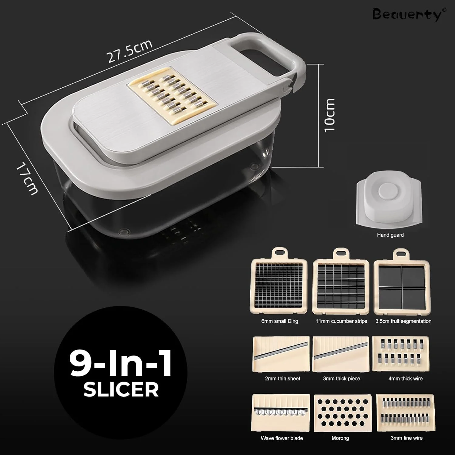 اسلایسر آشپزخانه 9 در 1 Beauenty، دستگاه چند تیغه ای برش سبزیجات و سیب زمینی برای چیپس، برش سبزیجات قابل تنظیم با ظرف، برش سبزیجات با محافظ دست (11 تکه)