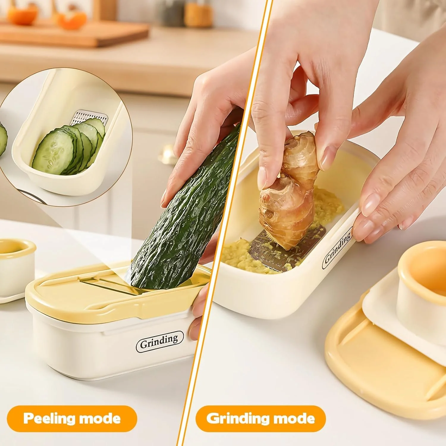 آزونه آسیاب دستی سیر و رنده زنجبیل، ابزار آشپزخانه چند منظوره 2 در 1 با برش دهنده سبزیجات، ایده آل برای استفاده روزانه و پخت و پز در فضای باز (زرد)