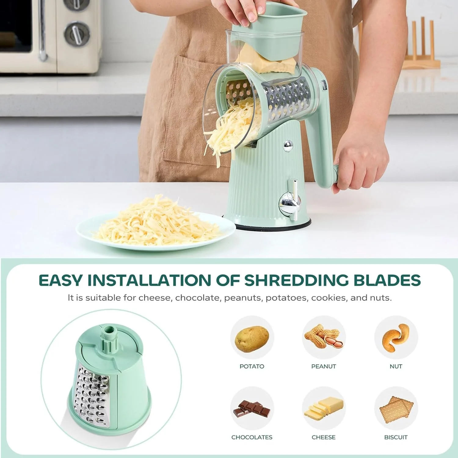 رنده چرخشی پنیر Angju با دسته، خردکن سبزیجات با 5 تیغه و پایه مکش قوی، برش دهنده سبزیجات و اسلایسر ماندولین برای آشپزخانه، سالادساز، خردکن هویج با جعبه نگهداری تیغه رنده چرخشی پنیر Angju با دسته، خردکن سبزیجات با 5 تیغه و پایه مکش قوی، برش دهنده سبزیجات و اسلایسر ماندولین برای آشپزخانه، سالادساز، خردکن هویج با جعبه نگهداری تیغه