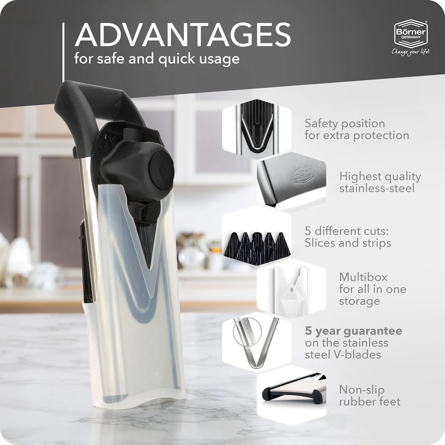 ست کامل رنده ماندولین Börner V6 ExclusiveLine (7 تکه) • اسلایسر سبزیجات (V-اسلایسر) + تیغه ها + محافظ ایمنی • 3 ضخامت برش + 2 تیغه چاقو • ست اسلایسر آشپزخانه (مشکی) ست کامل رنده ماندولین Börner V6 ExclusiveLine (7 تکه) • اسلایسر سبزیجات (V-اسلایسر) + تیغه ها + محافظ ایمنی • 3 ضخامت برش + 2 تیغه چاقو • ست اسلایسر آشپزخانه (مشکی)