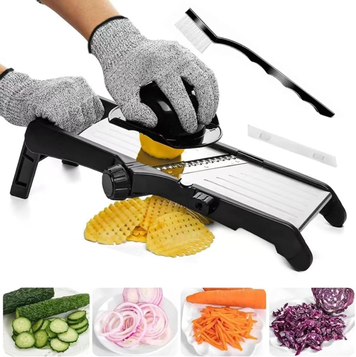 اسلایسر ماندولین قابل تنظیم ALMEKAQUZ، اسلایسر همه کاره ماندولین برای آشپزخانه، اسلایسر غذای ماندولین استیل ضد زنگ، ماندولین، اسلایسر سیب زمینی، اسلایسر گوجه فرنگی به همراه دستکش های مقاوم در برابر برش و برس تمیز کننده