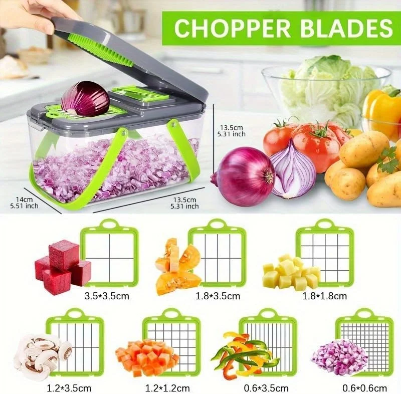 ALMEKAQUZ ست 1 عددی خردکن سبزیجات 22 در 1، اسلایسر میوه چند منظوره، رنده غذای دستی، برش دهنده سبزیجات، برش دهنده با ظرف، خردکن پیاز با 13 تیغه، رنده سیب زمینی خانگی