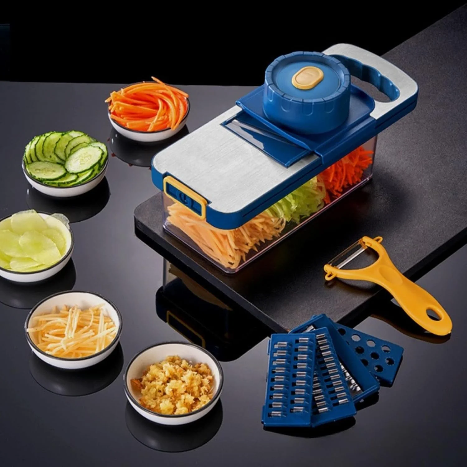 ست پوست کن و اسلایسر سبزیجات چند منظوره 6 در 1 - اسلایسر دستی آشپزخانه از جنس استیل ضد زنگ برای پیاز، گوجه فرنگی، هویج - برش، خرد کردن و پوست کندن با ظرف نگهداری تیغه (تمیز کردن آسان، بدون BPA)