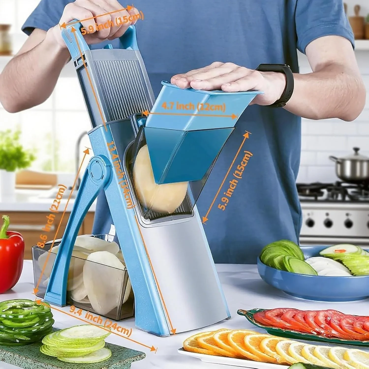 اسلایسر ماندولین قابل تنظیم برای سبزیجات - برشگر چند منظوره سبزیجات با نگهدارنده ایمنی، ظرف و برس تمیز کننده - اسلایسر حرفه ای آشپزخانه برای سیب زمینی، پیاز، هویج، میوه ها و موارد دیگر