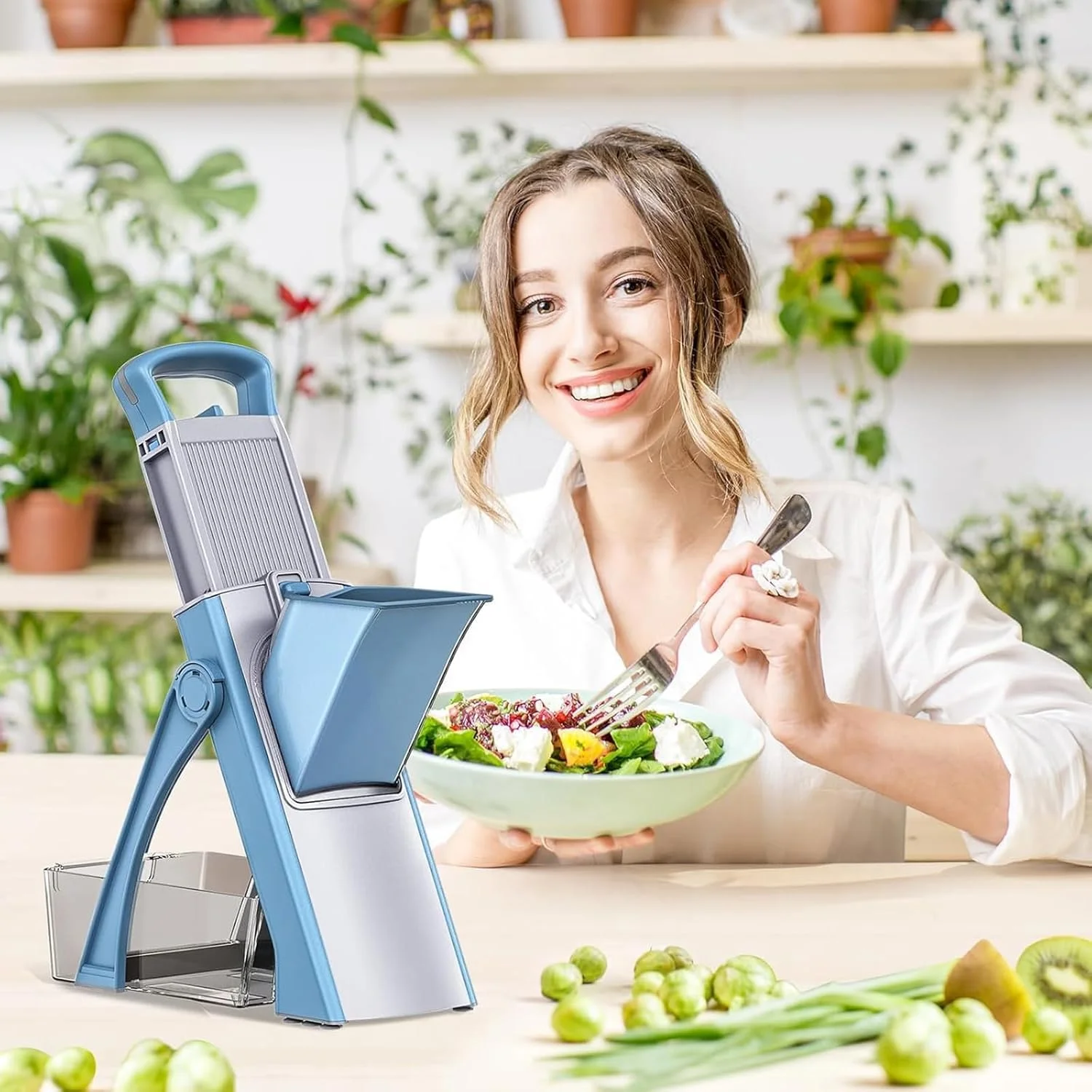 اسلایسر ماندولین قابل تنظیم برای سبزیجات - برشگر چند منظوره سبزیجات با نگهدارنده ایمنی، ظرف و برس تمیز کننده - اسلایسر حرفه ای آشپزخانه برای سیب زمینی، پیاز، هویج، میوه ها و موارد دیگر