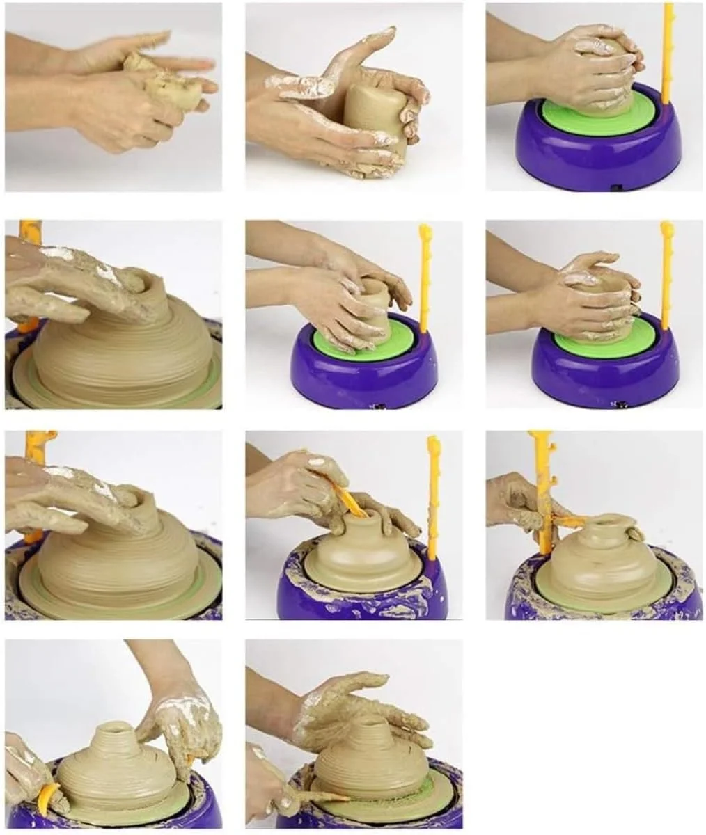 کیت چرخ سفالگری برقی کودکان، استودیوی کامل ساخت سفال با خاک رس خشک شونده در هوا، ابزار و دستگاه سفالگری کوچک، اسباب بازی هنری آموزشی برای کودکان 5 سال به بالا، مناسب برای خانه