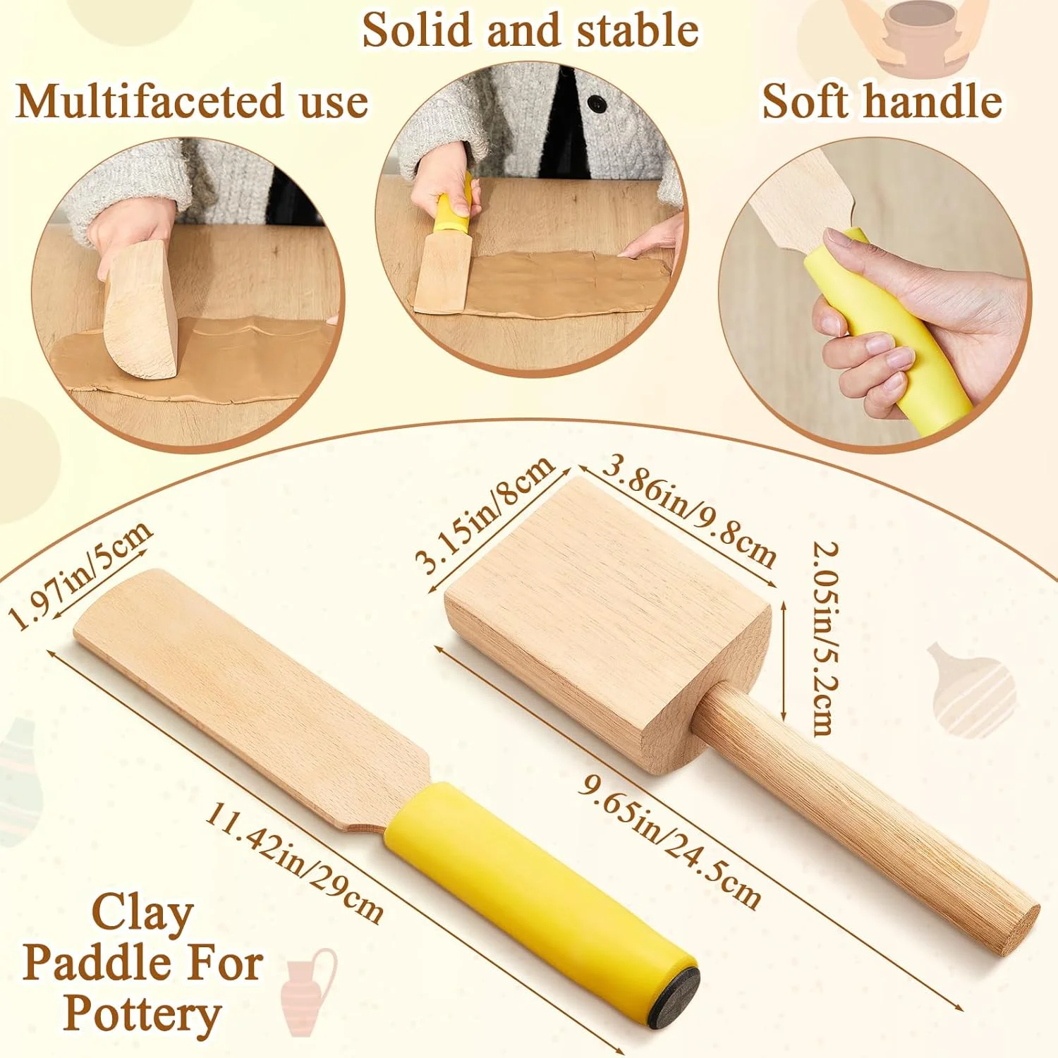 مجموعه 3 عددی ابزار سفالگری امیلاو شامل پاروهای چوبی سفالی، پد مجسمه سازی چوبی، برش زاویه دار برای برش زاویه ای خاک رس، ابزار سفالگری، پارو سفالی برای ابزار پرداخت سرامیک سفالگری