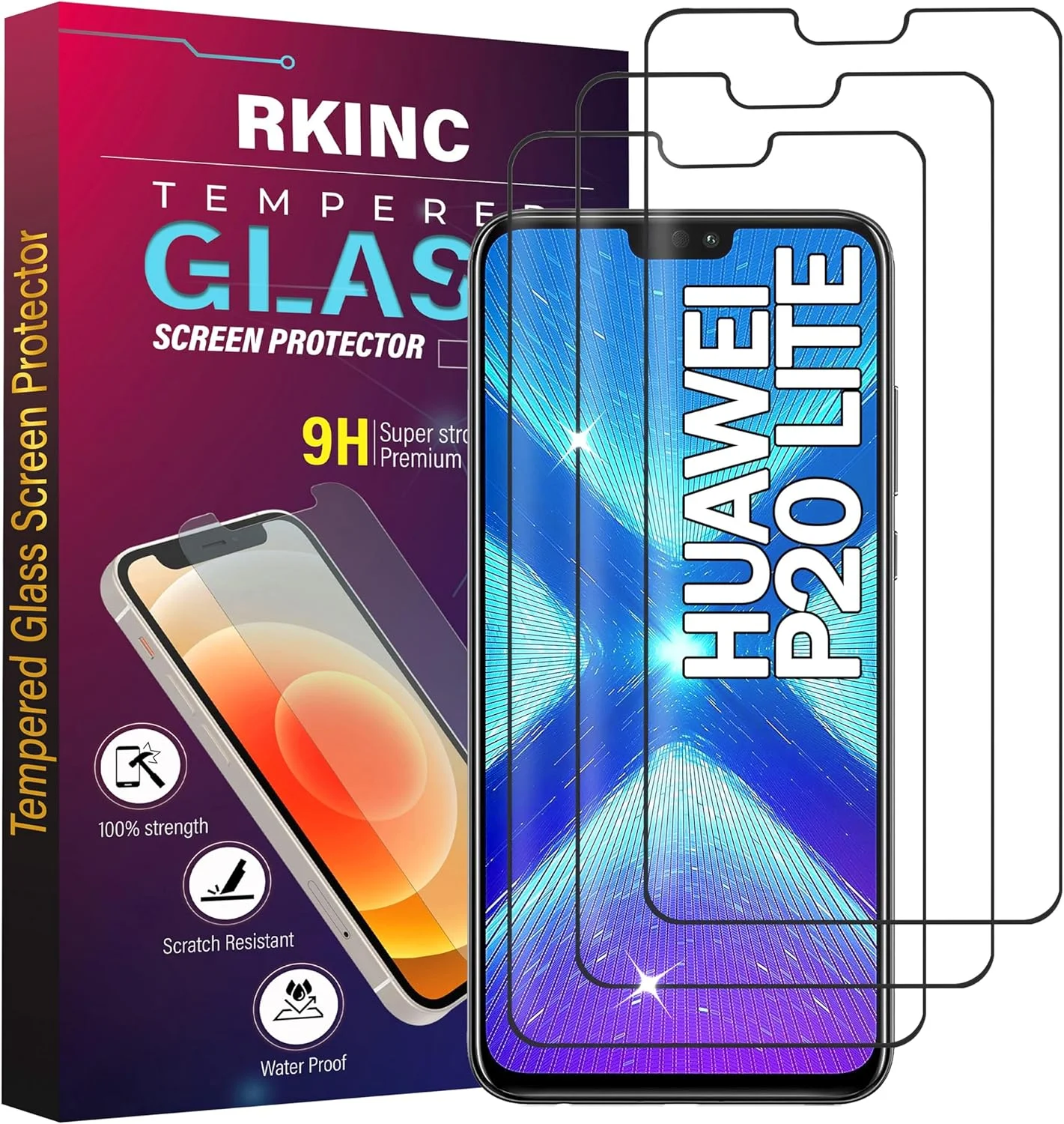 محافظ صفحه نمایش شیشه ای حرارت دیده [3 عدد] RKINC برای گوشی هواوی P20 Lite Nova 3e، سختی 9H، ضخامت 0.33 میلی متر [ضد خش] [مقاوم در برابر شکستن] [بدون حباب]