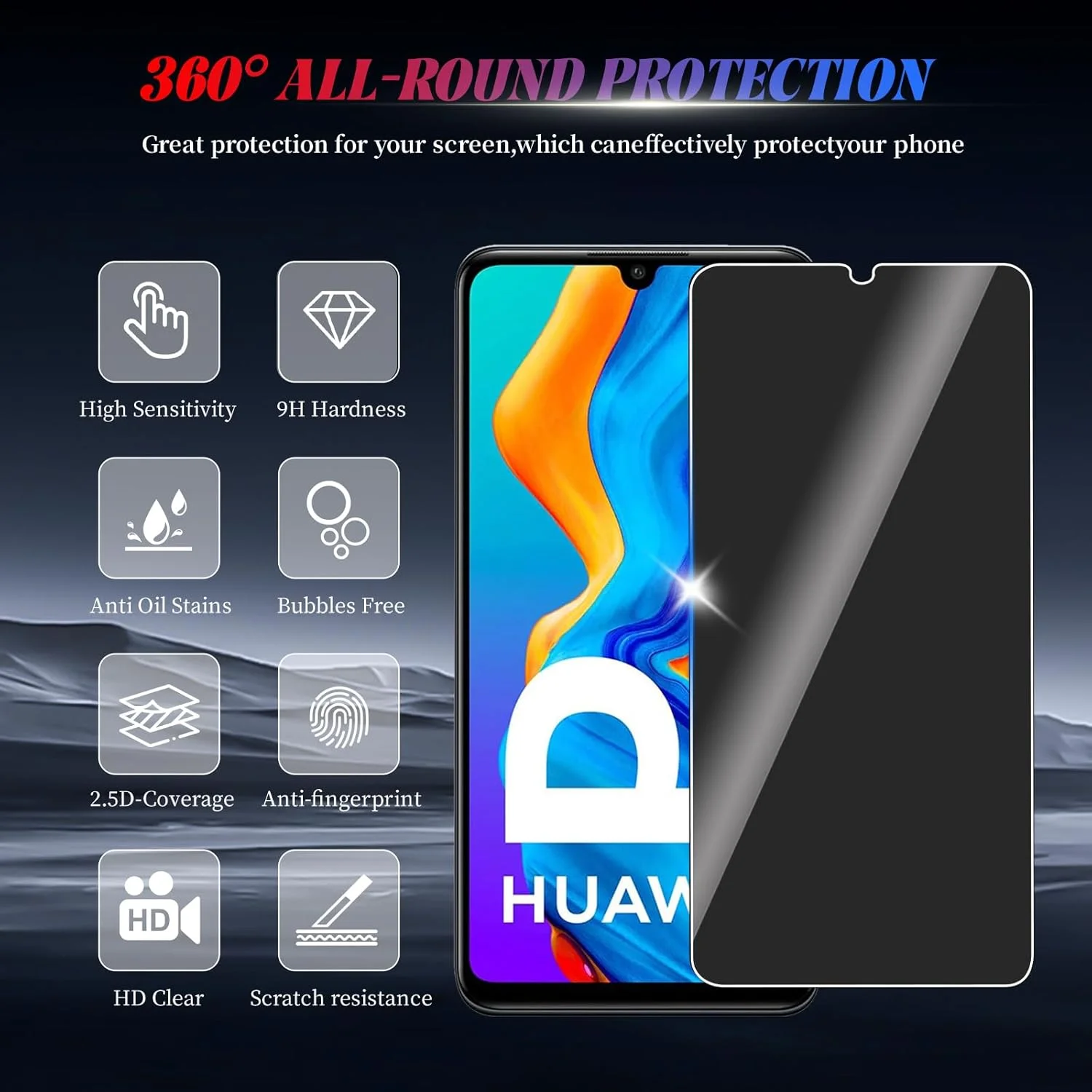 محافظ صفحه نمایش حریم خصوصی کولایک بسته 2 عددی برای Huawei P30 Lite، محافظ صفحه نمایش ضد جاسوسی، فیلم شیشه ای حرارت دیده ضد جاسوسی، فیلم حریم خصوصی، سختی 9H، ضد خش، ضد ضربه