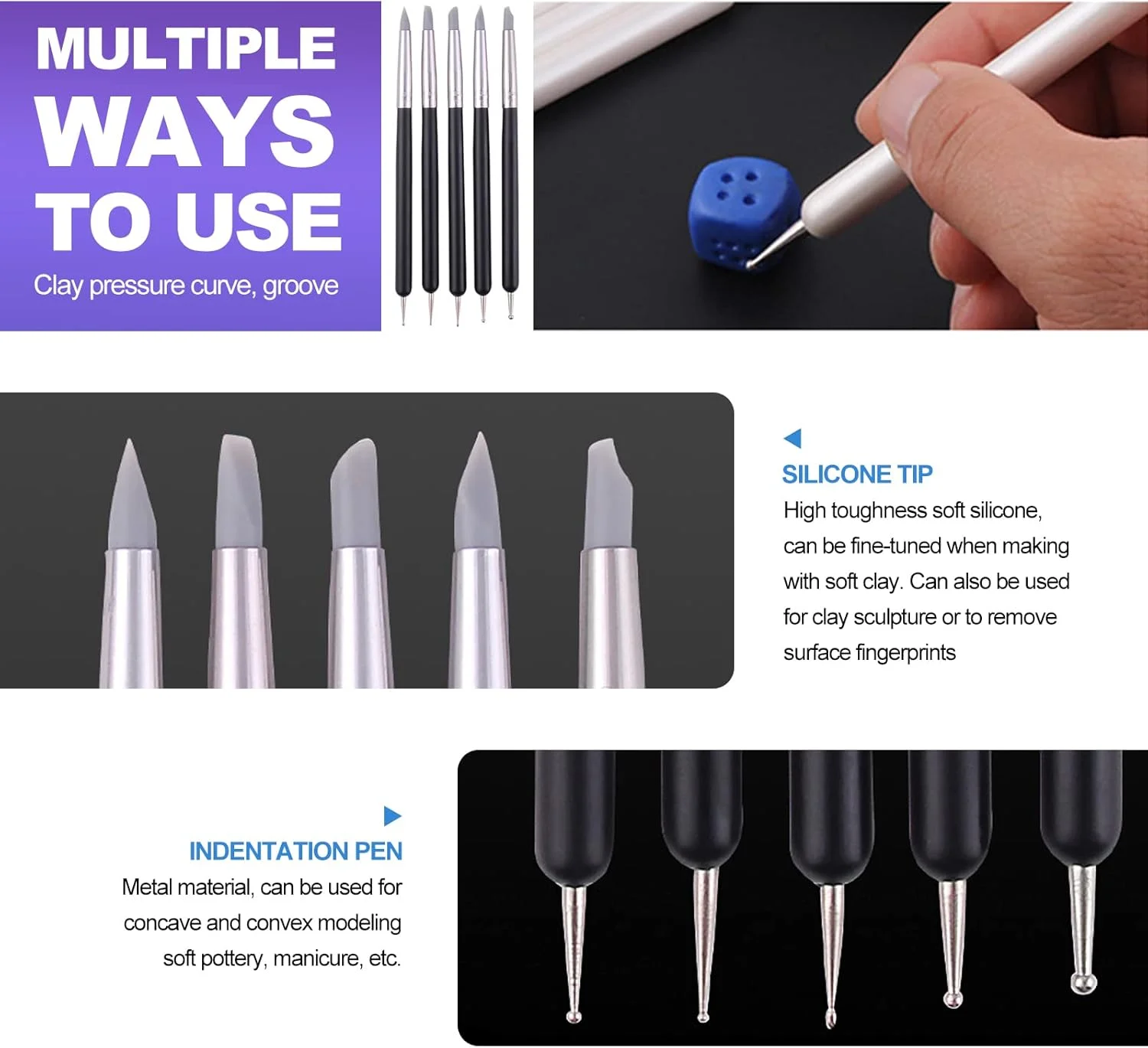 ست ابزار مجسمه سازی سفالی TakFree، 5 عدد قلم مدل سازی با نوک لاستیکی نرم، قلم موی رنگ آمیزی برای مجسمه سازی سفال، تزئین فوندانت کیک