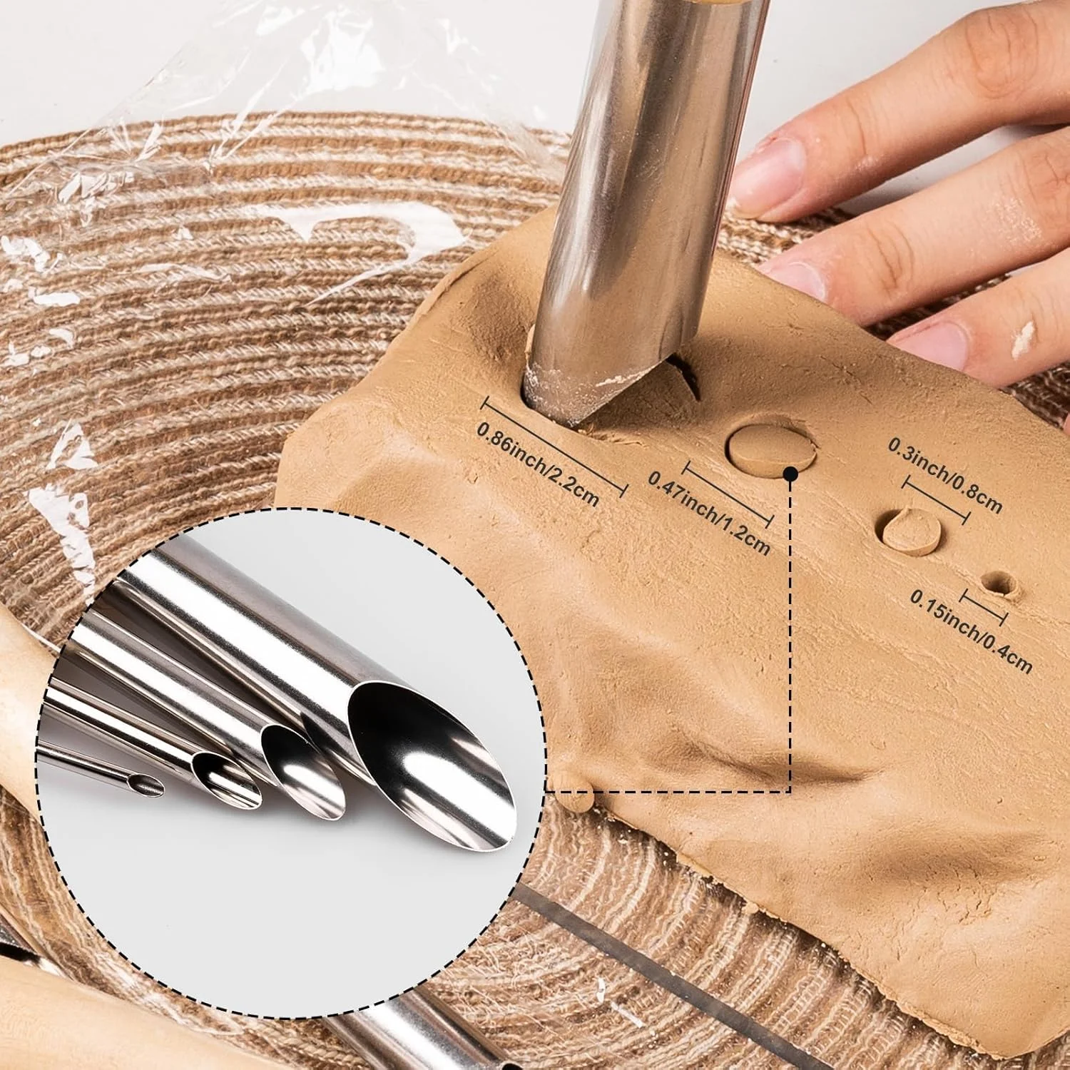 مجموعه 4 عددی برشگرهای دایره ای سوراخ سفال از جنس استیل ضد زنگ تزویق، ابزارهای سفالی دسته چوبی برای سوراخکاری و مجسمه سازی، دسته گرد از جنس چوب جامد