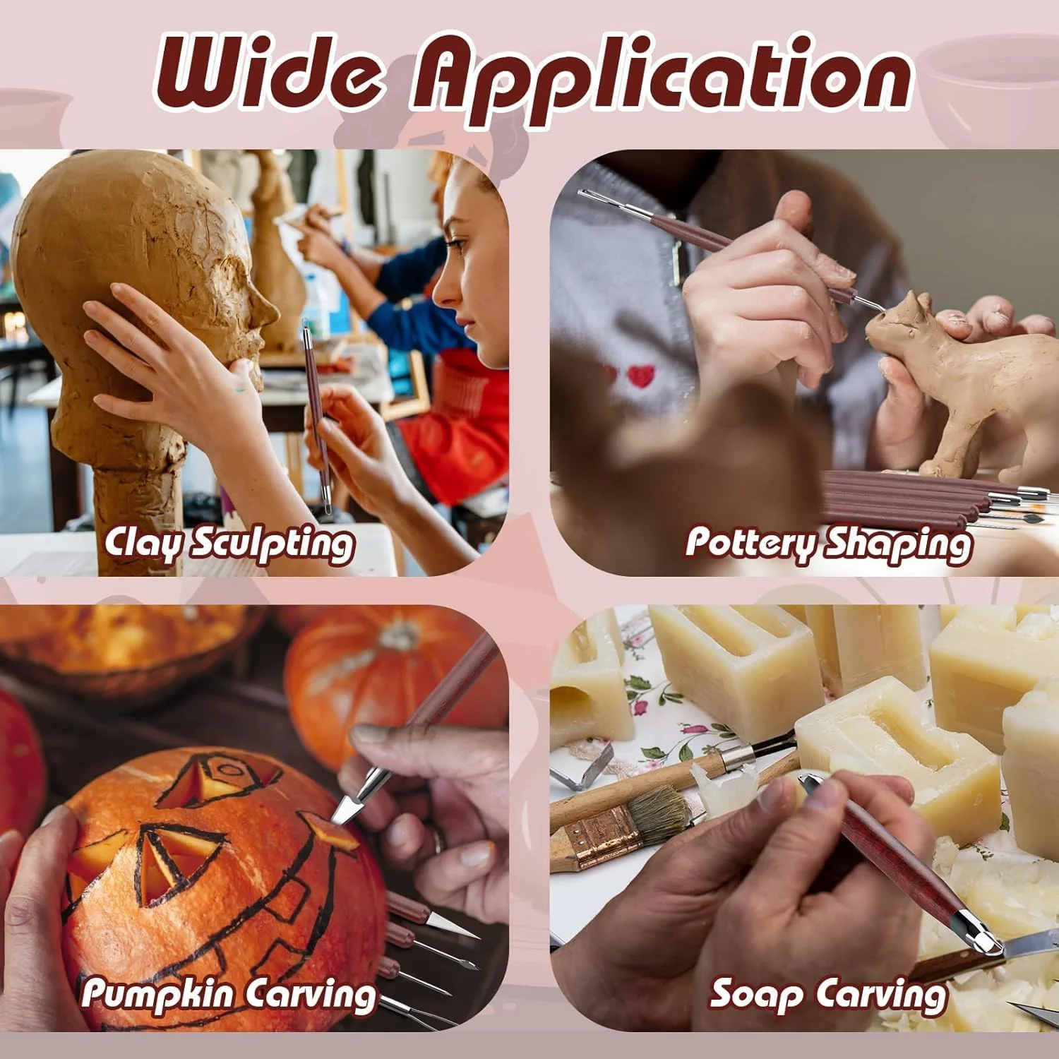 مجموعه 6 عددی ابزار سفالگری Azonee، ست ابزار سرامیک چوبی، کیت ابزار حکاکی پلیمری دو طرفه برای سفالگری، خاک رس خشک شونده در هوا، خاک رس پلیمری، مجسمه سازی، مدل سازی، حکاکی کدو تنبل، حکاکی صابون