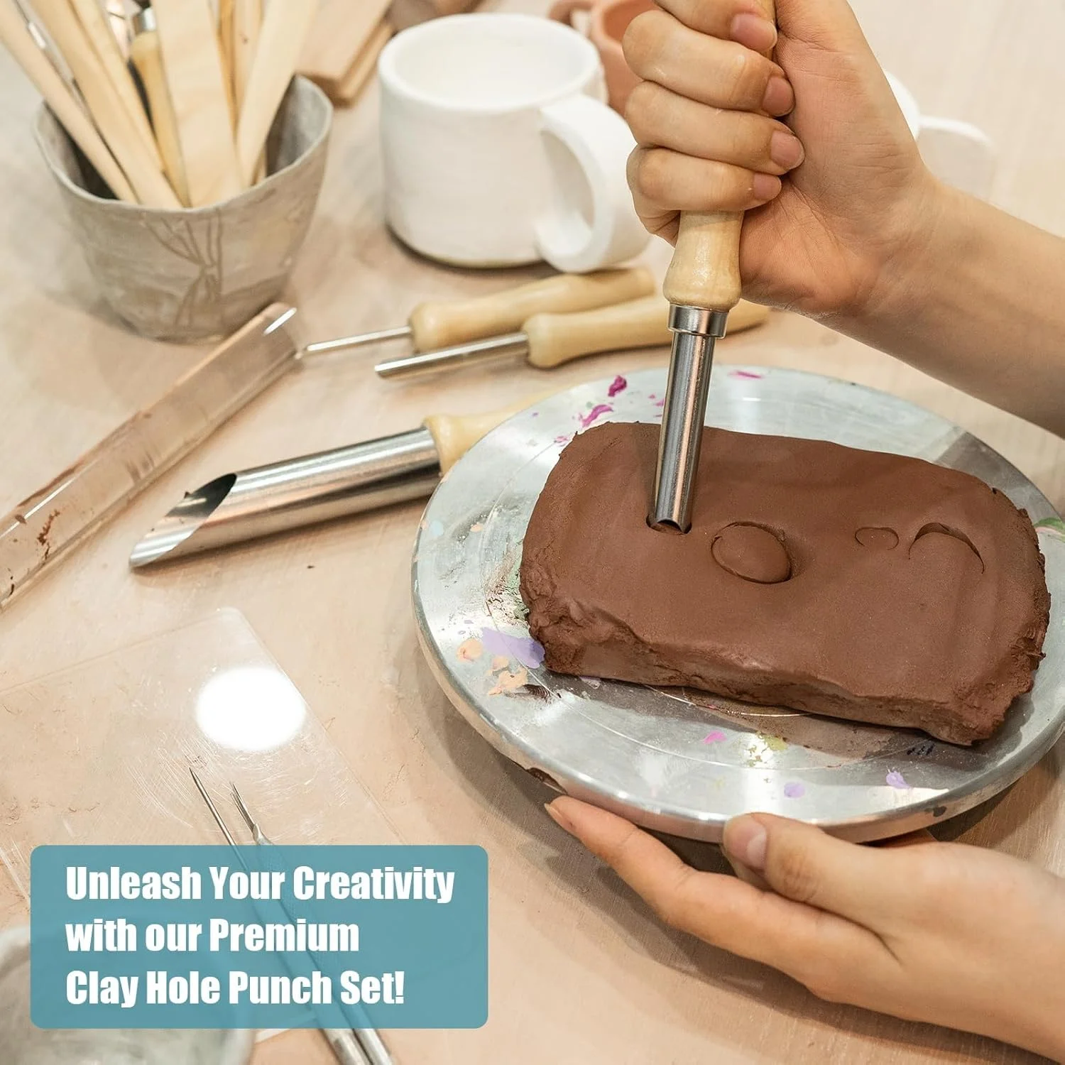 مجموعه 4 عددی برشگرهای دایره ای سوراخ سفال از جنس استیل ضد زنگ تزویق، ابزارهای سفالی دسته چوبی برای سوراخکاری و مجسمه سازی، دسته گرد از جنس چوب جامد