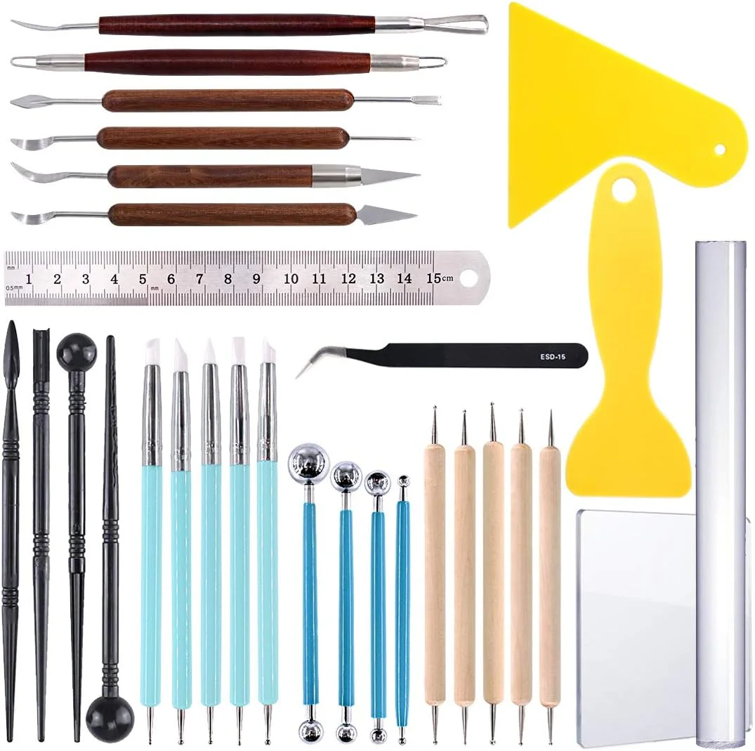 مجموعه 30 عددی ابزار مجسمه سازی و مدل سازی خمیر کلی Glarks شامل قلم توپی، ابزار نقطه گذاری دو طرفه، ابزار مجسمه سازی سفالی، قلم های نوک سیلیکونی، کاردک، خط کش، وردنه خمیر کلی اکریلیک و ورق اکریلیک مجموعه 30 عددی ابزار مجسمه سازی و مدل سازی خمیر کلی Glarks شامل قلم توپی، ابزار نقطه گذاری دو طرفه، ابزار مجسمه سازی سفالی، قلم های نوک سیلیکونی، کاردک، خط کش، وردنه خمیر کلی اکریلیک و ورق اکریلیک