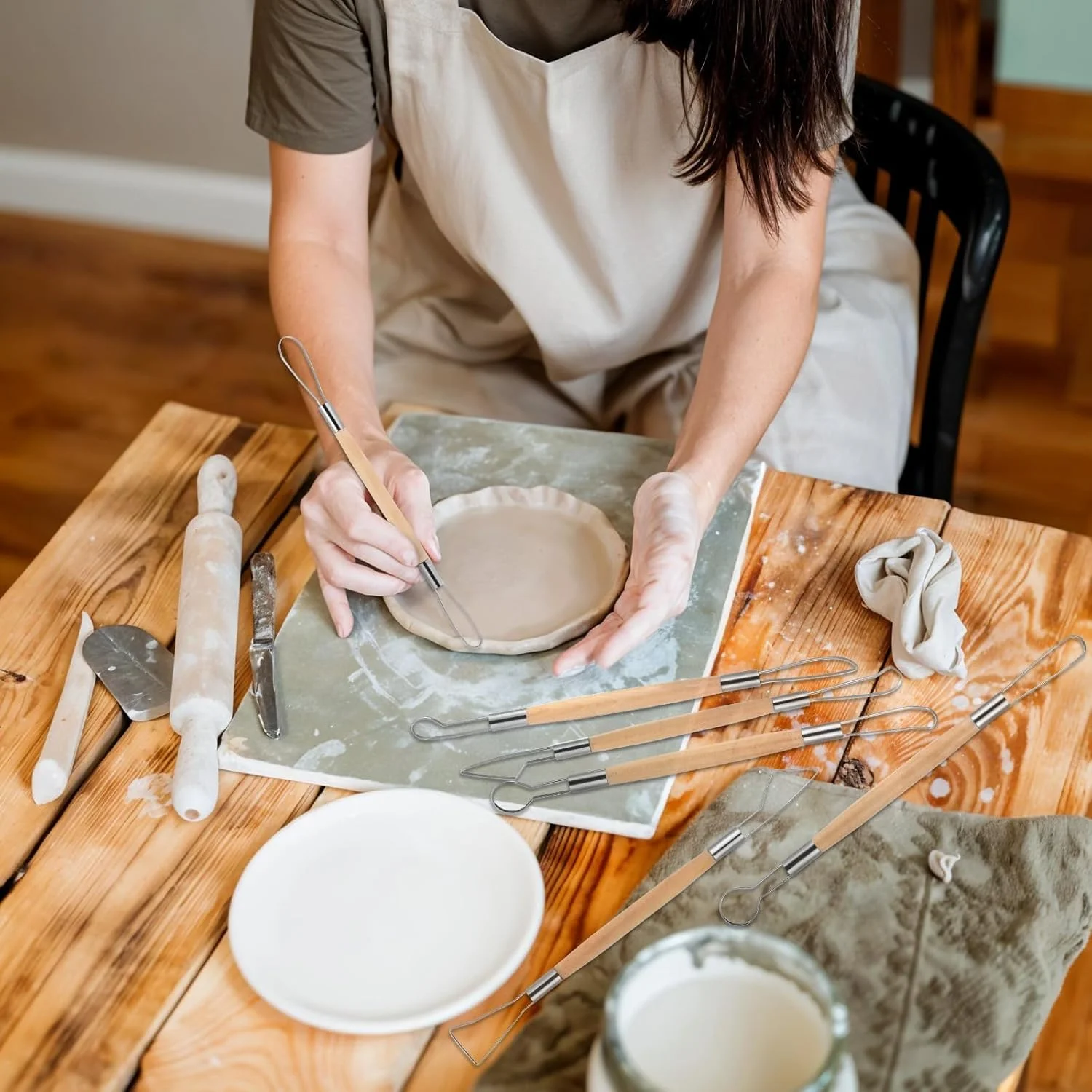 ست 6 عددی ابزار مجسمه سازی سفال و خاک رس، ست ابزار مجسمه سازی دو طرفه، ست مجسمه سازی حلقه سیمی خاک رس، دسته های چوبی صاف، ابزار پرداخت سفال، ابزار مجسمه سازی خاک رس برای حکاکی سرامیک و موم