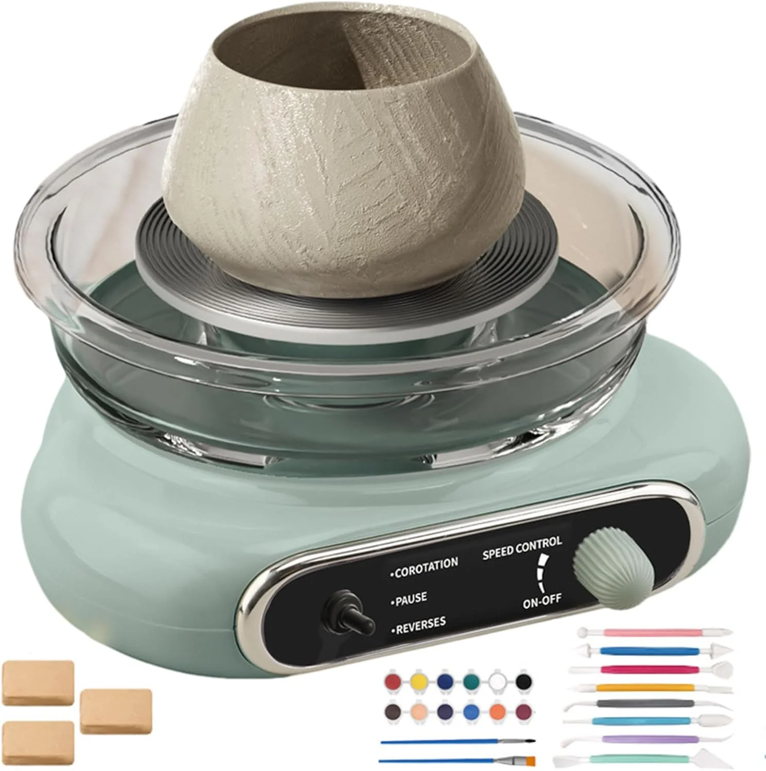 چرخ سفالگری برقی کوچک FAcoLL، دستگاه سرامیک سازی با سرعت قابل تنظیم و پدال های مکث، ابزار مدل سازی خاک رس، کیت سفالگری DIY برای کودکان، بزرگسالان و مبتدیان - سبز