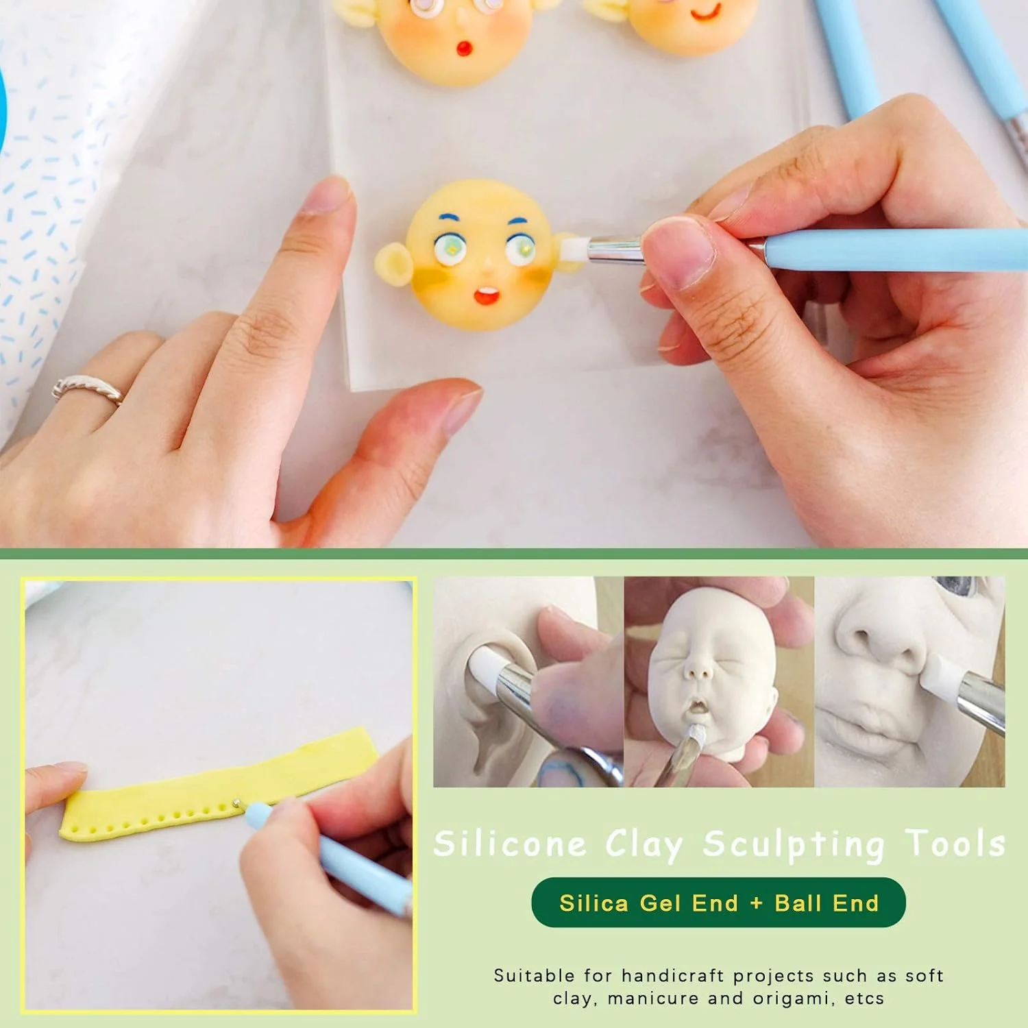 مجموعه 21 عددی ابزار مدل سازی خمیر پلیمری Keadic، شامل ابزار مجسمه سازی چوبی دو طرفه، قلم های مجسمه سازی پلاستیکی، ابزار سفالگری با طراحی دو سر، غلتک و صفحه خمیر اکریلیک، کاردک های خمیر زرد