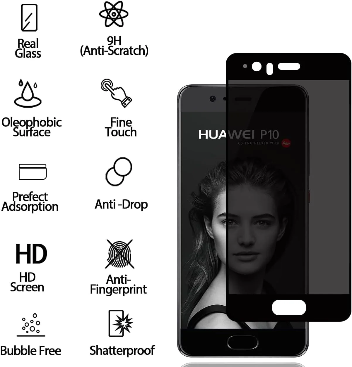 محافظ صفحه نمایش حریم خصوصی BCHKLAI برای Huawei P10 [بسته 2 عددی]، فیلم شیشه ای حرارت دیده ضد جاسوسی، سختی 9H، ضد خش، ضد اثر انگشت، بدون حباب، محافظ صفحه نمایش ضد جاسوسی برای Huawei P10