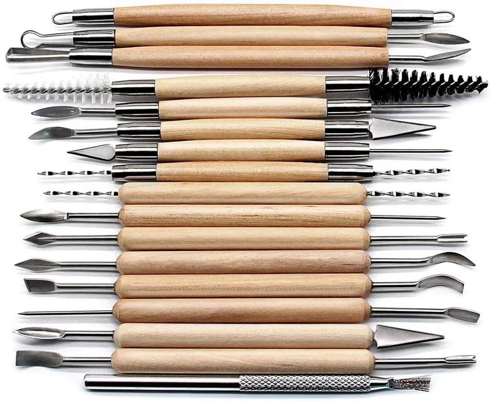 مجموعه 30 عددی ابزار مجسمه سازی خاک رس با دسته چوبی