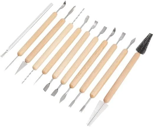 مجموعه ابزار 11 عددی مجسمه سازی و مدل سازی خاک رس QYINXIU، مجموعه ابزار مجسمه سازی و تمیز کردن سفال با دسته چوبی، ابزار حکاکی خاک رس دو طرفه